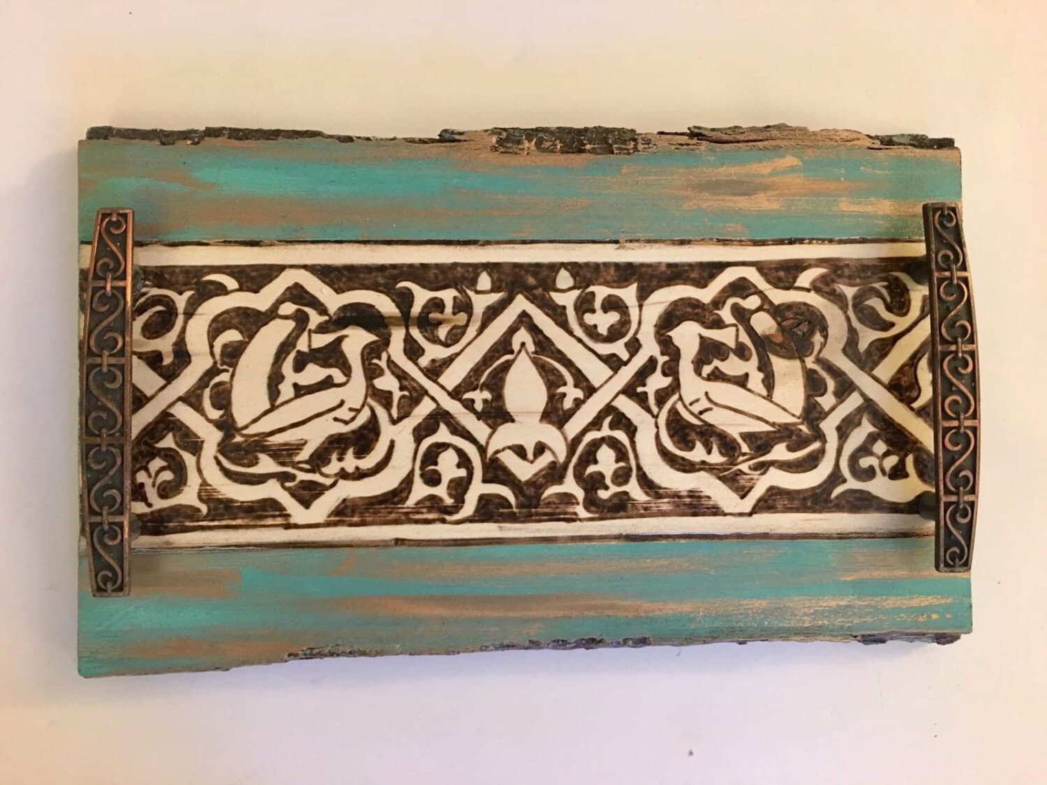 Fatimid Peacock Basswood Tray, Pyrography Islamic Art