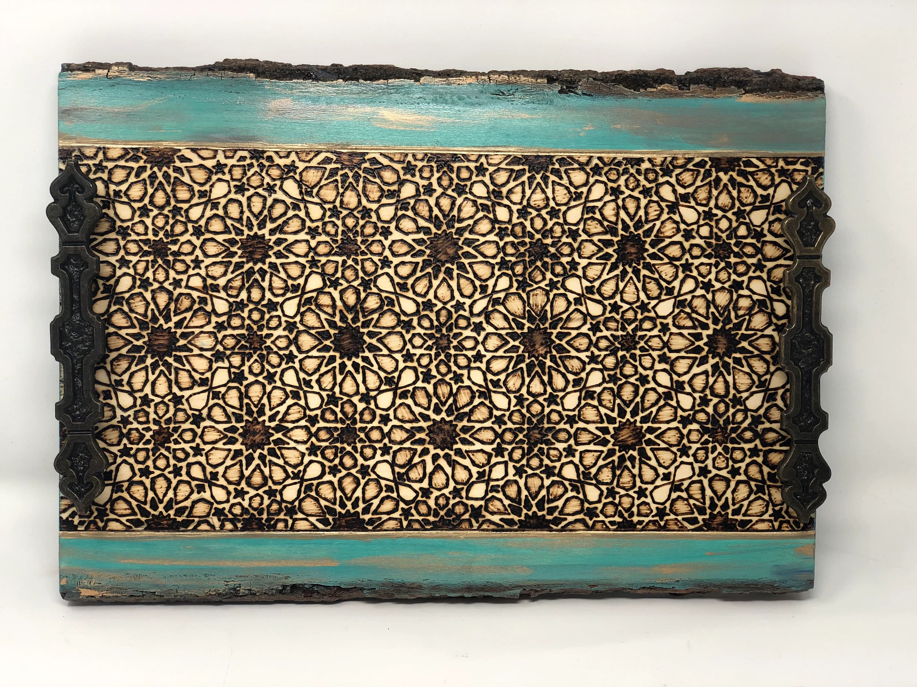 Woodburned Alhambra Tray – Geometric Arabesque Design, Decorative Ottoman Coffee Table