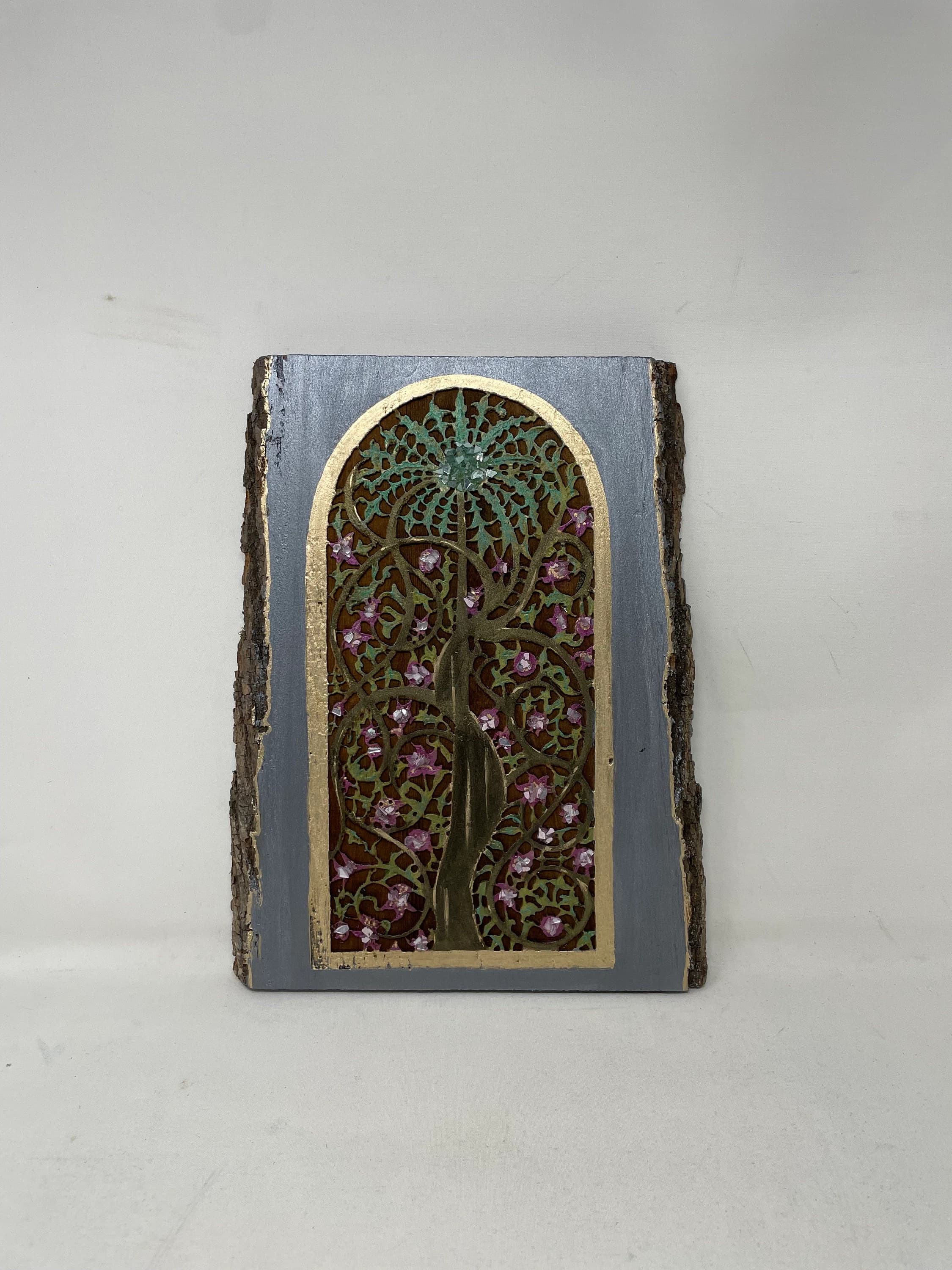 Medieval Indian Tree Woodburned Wall Art, Islamic Motif Shelf Decor