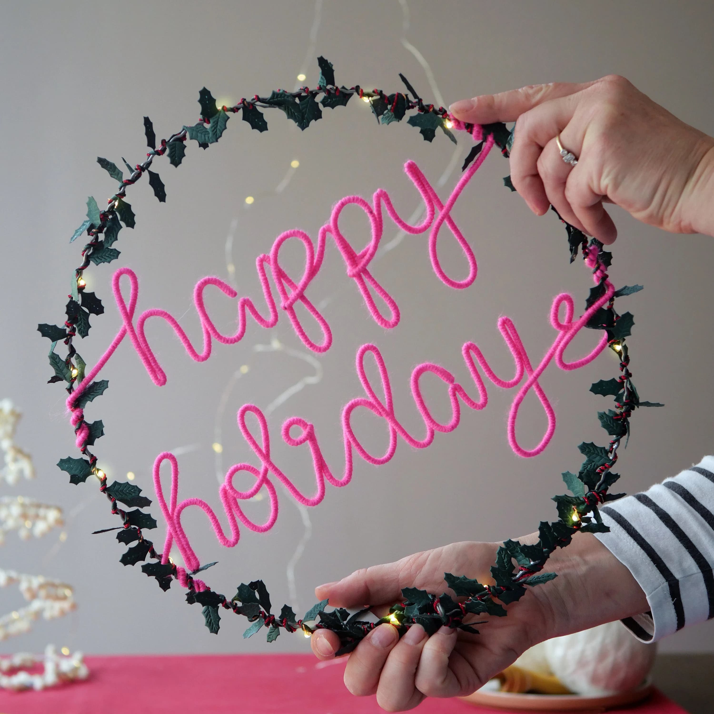 Happy Holidays Wreath |  Handmade Holiday Door Wreath / Light-up Christmas Decoration