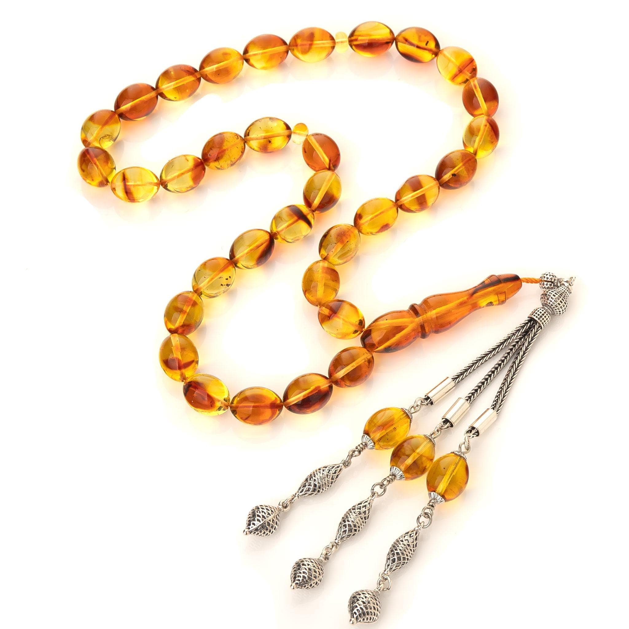 Handcrafted Baltic Amber Tasbih with Silver Tassel: Islamic Prayer Beads