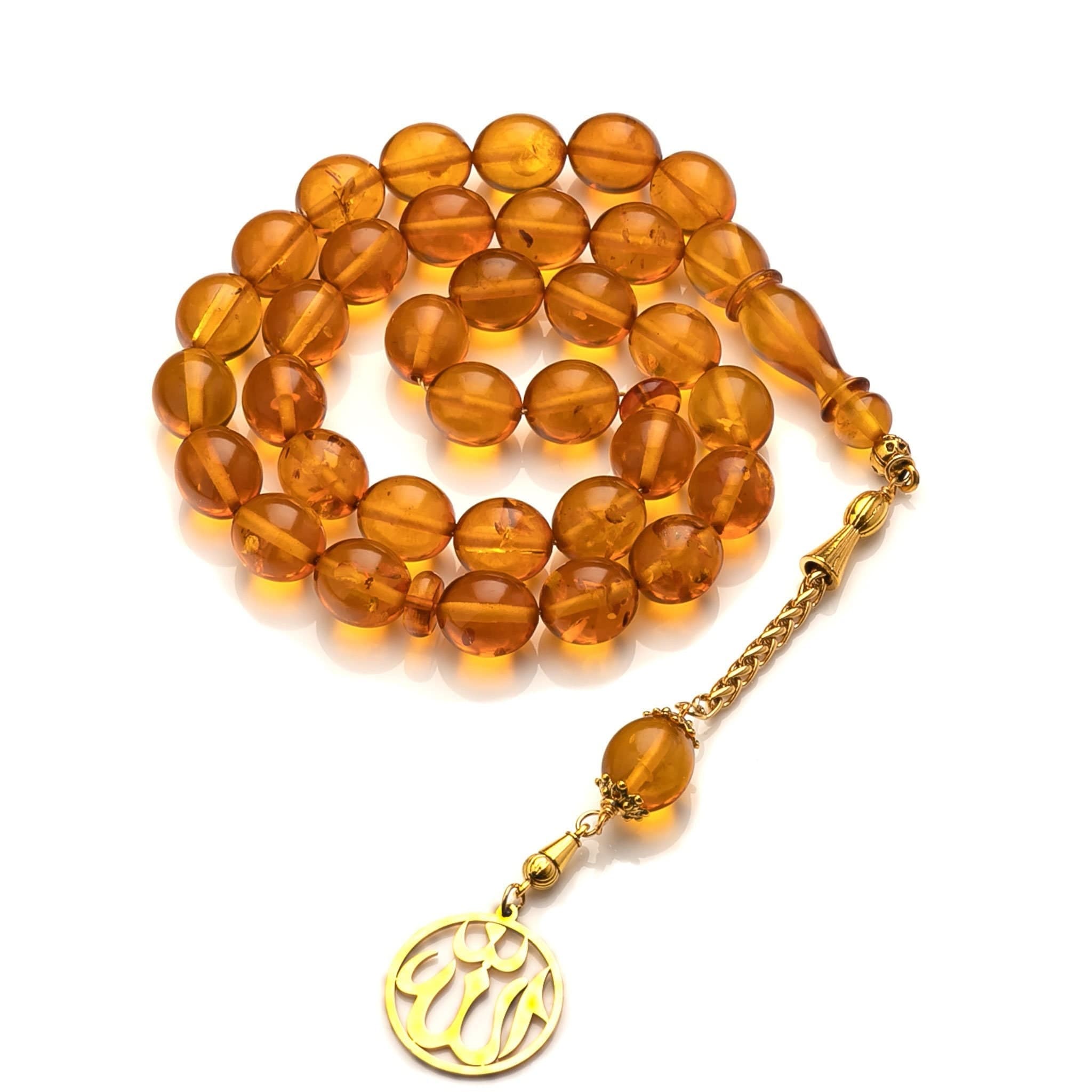 Transparent Amber Islamic Prayer Beads: Rosary with Allah Pendant