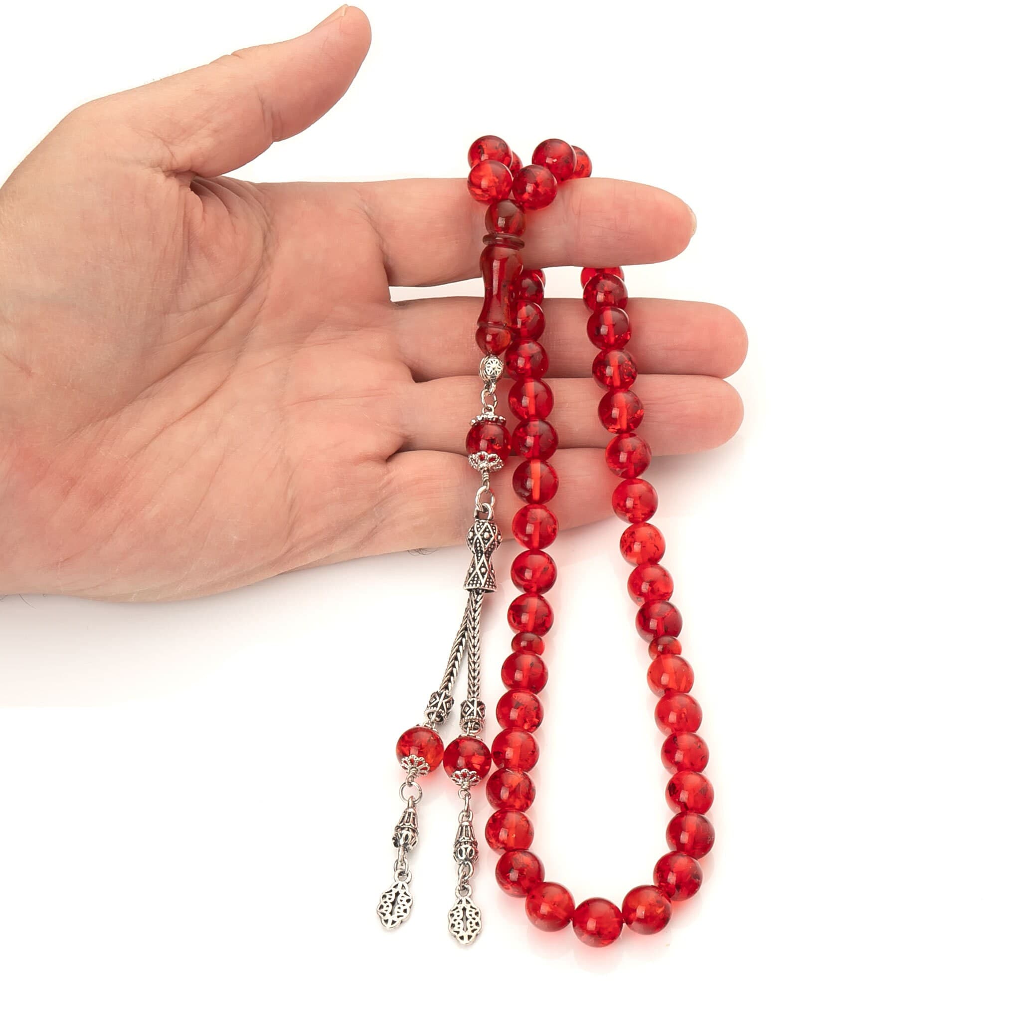 Handmade Red Baltic Amber Misbaha: 925 Silver Tassel Islamic Prayer Beads - image 5