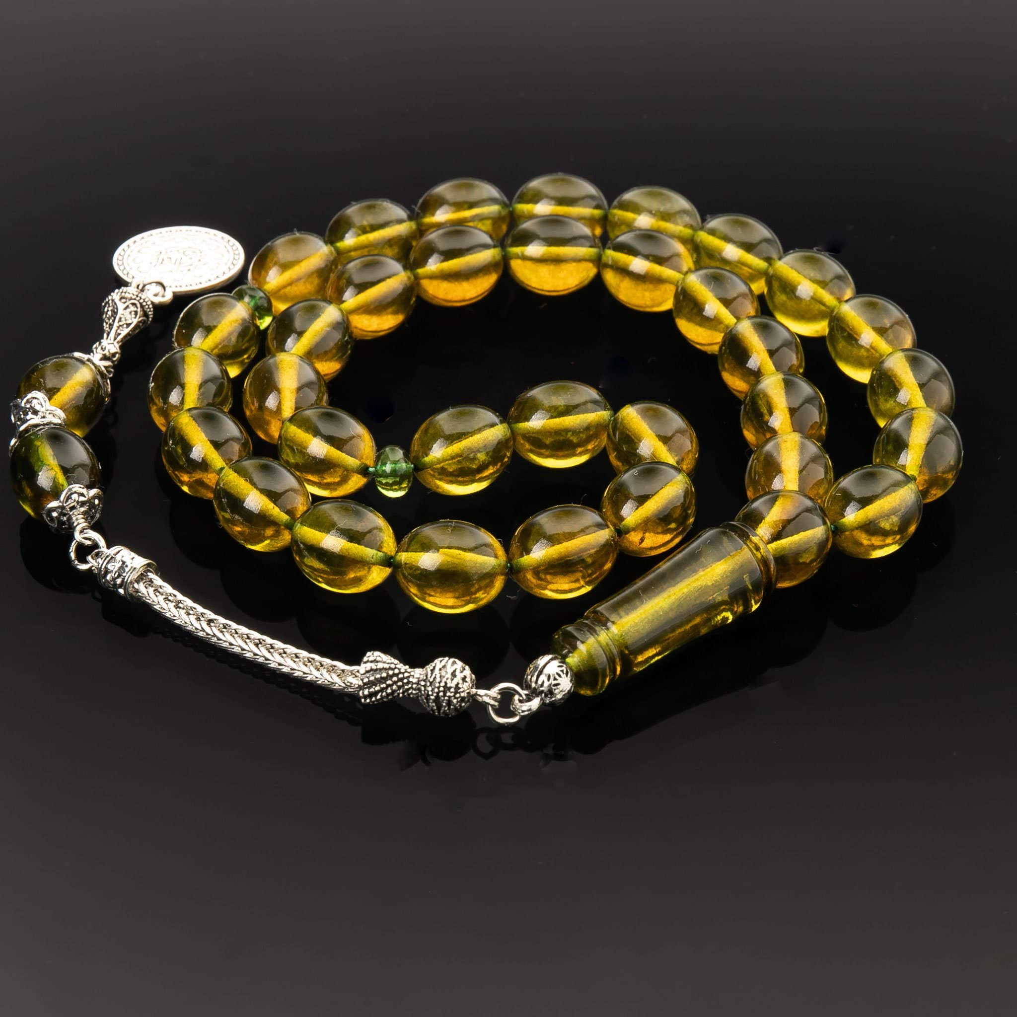 Green Baltic Amber Tasbih: 33-Bead Islamic Prayer Rosary