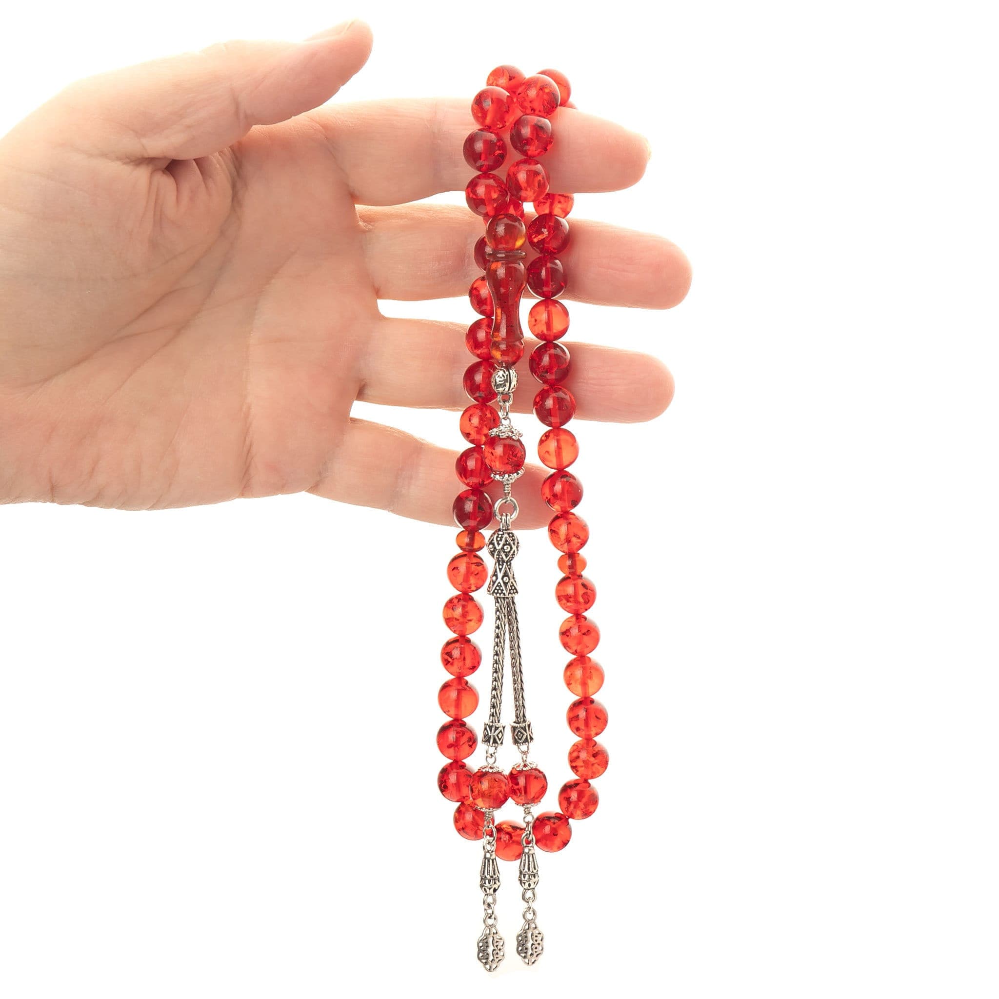 Handmade Red Baltic Amber Misbaha: 925 Silver Tassel Islamic Prayer Beads - image 4