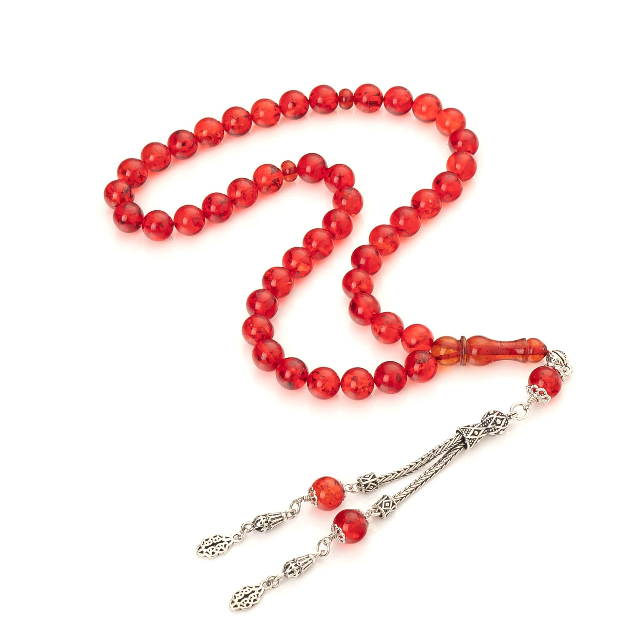 Handmade Red Baltic Amber Misbaha: 925 Silver Tassel Islamic Prayer Beads - image 3