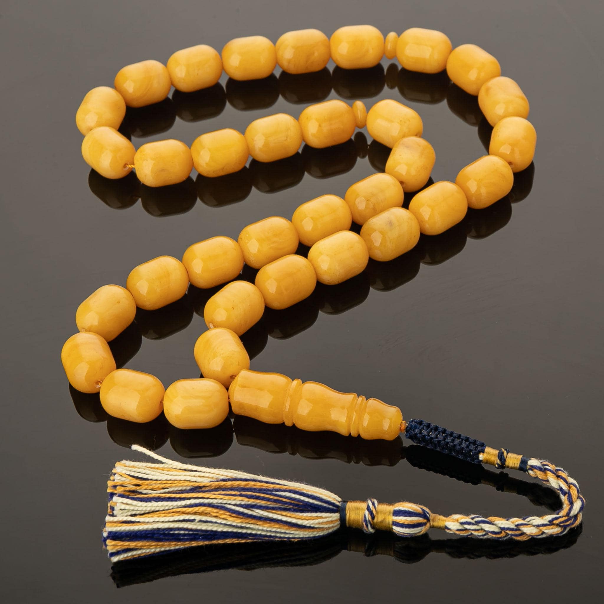 Amber Tasbih – Honey Yellow Amber Prayer Beads, Handmade Islamic Misbaha with Decorative Tassel, 63g