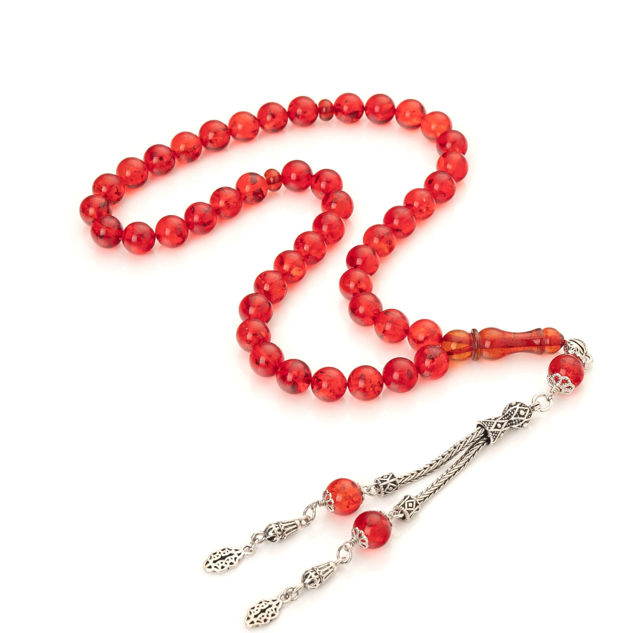 Handmade Red Baltic Amber Misbaha: 925 Silver Tassel Islamic Prayer Beads