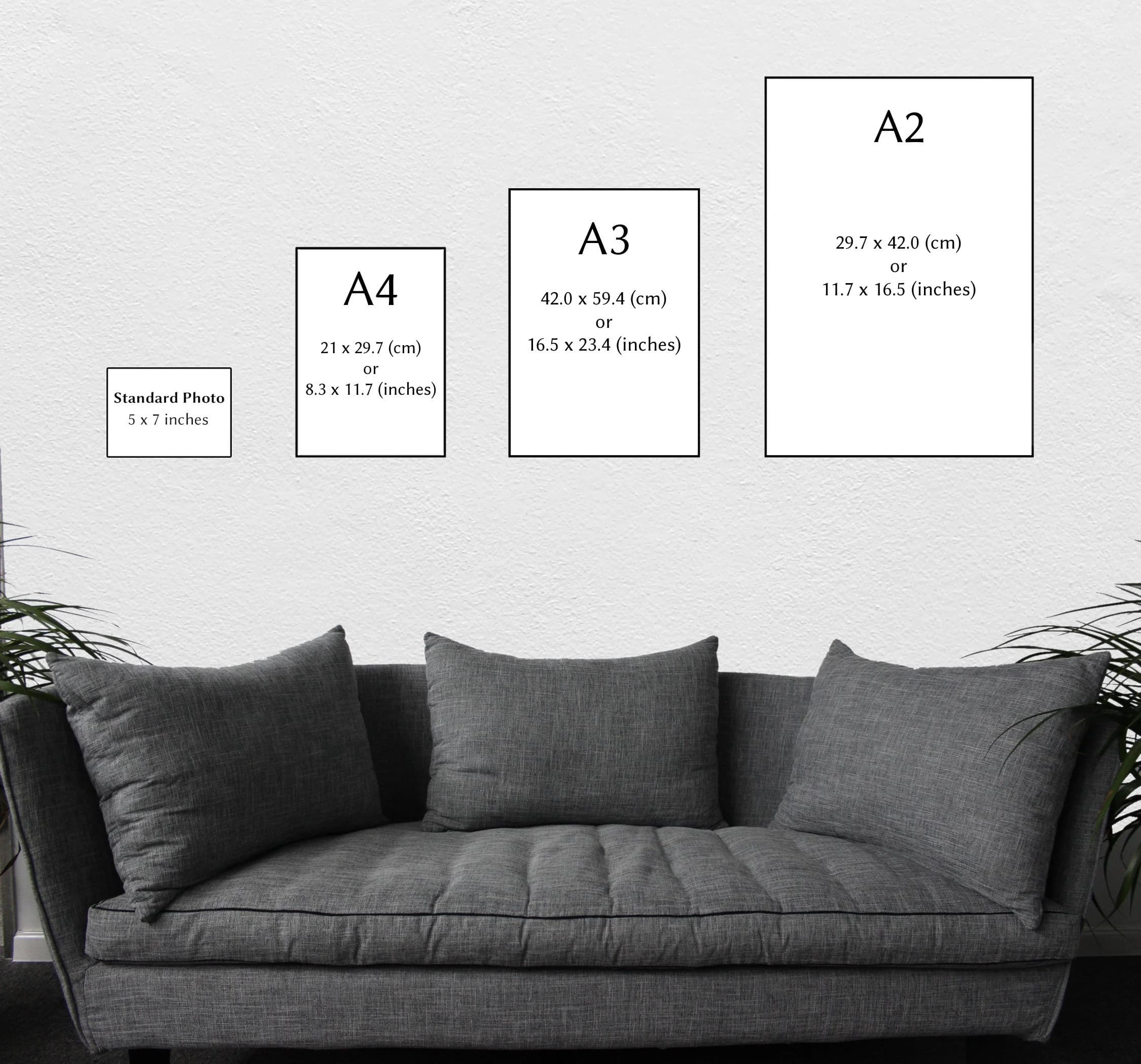 Visual representation of sample fine art print sizes