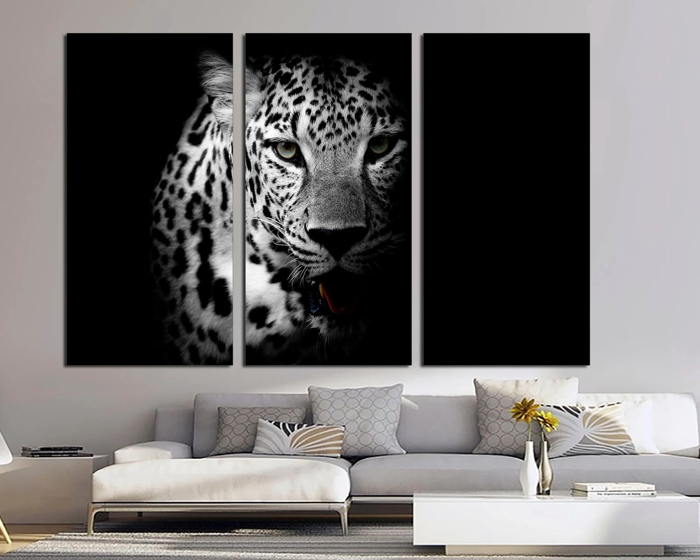Black & White Leopard Canvas Print, 3-Panel Animal Wall Art