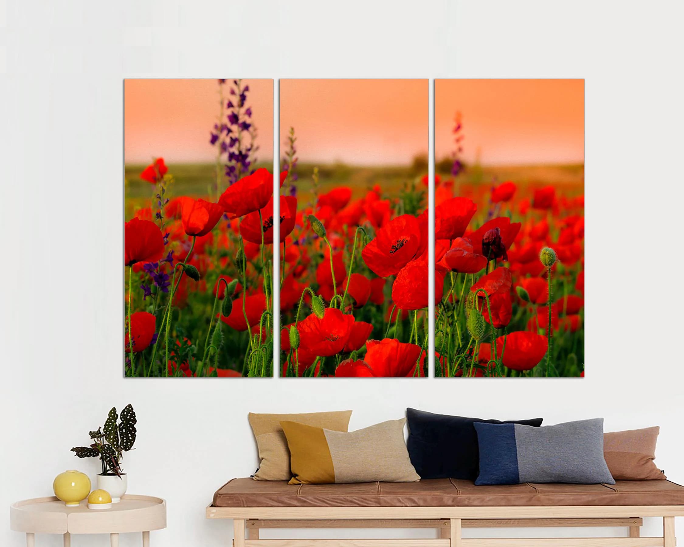 Red Poppy Field Sunset Canvas Print, Botanical Wall Decor