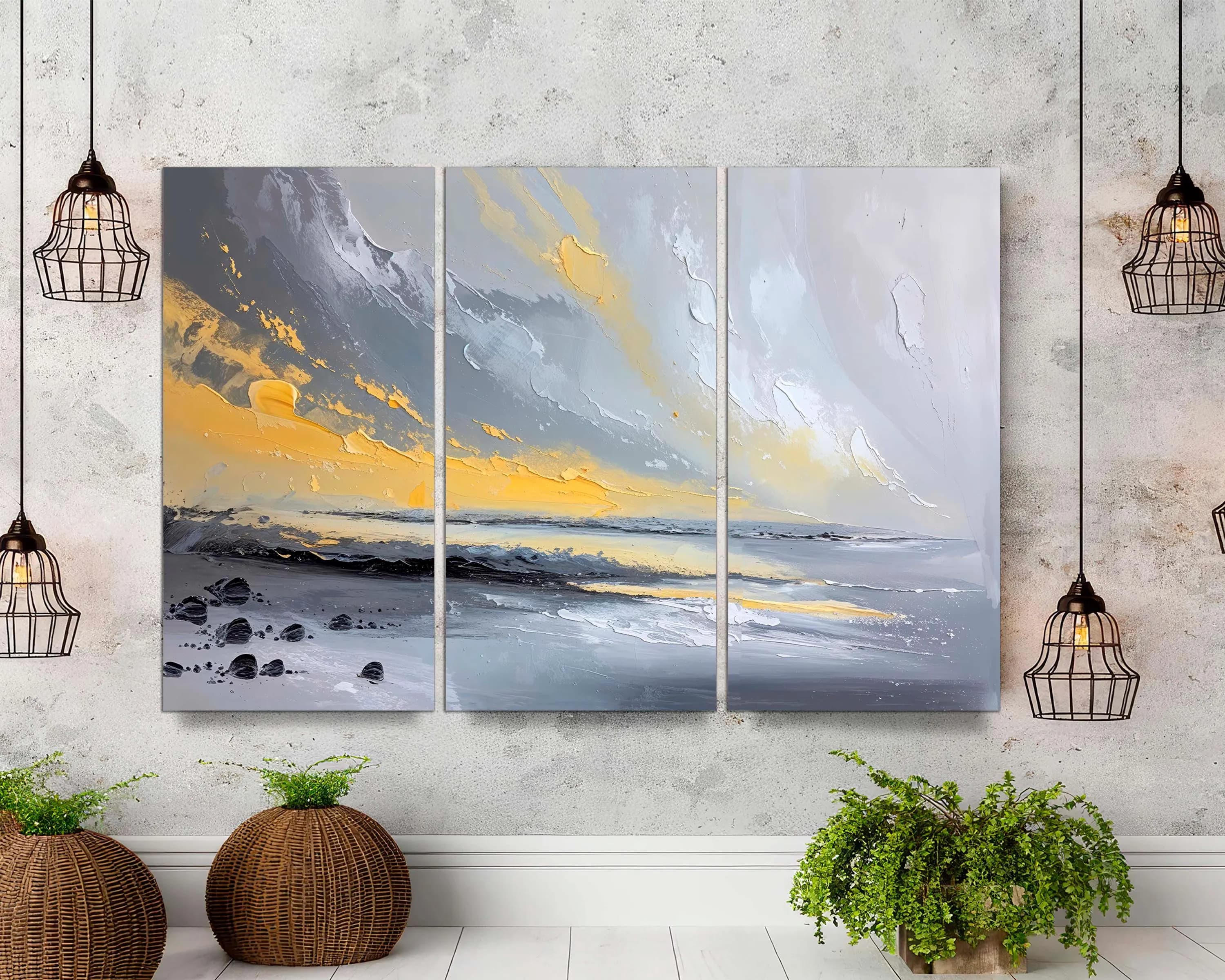 Framed Abstract Beach Canvas Wall Art Set of 3, Gray and Yellow