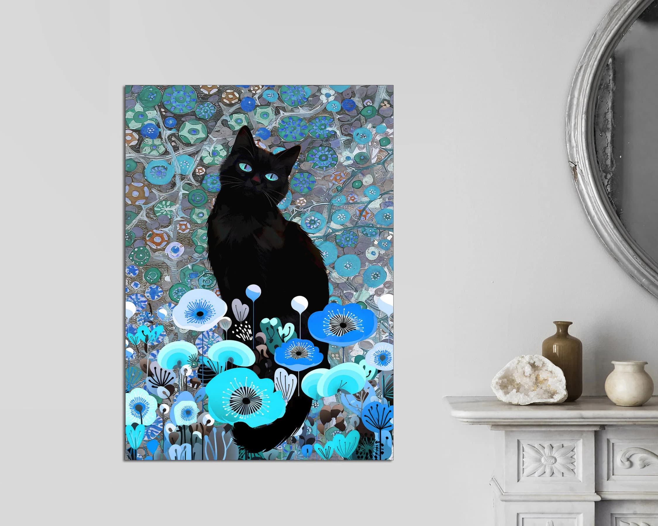 Klimt Style Black Cat Canvas Print, Blue Floral Garden Wall Art