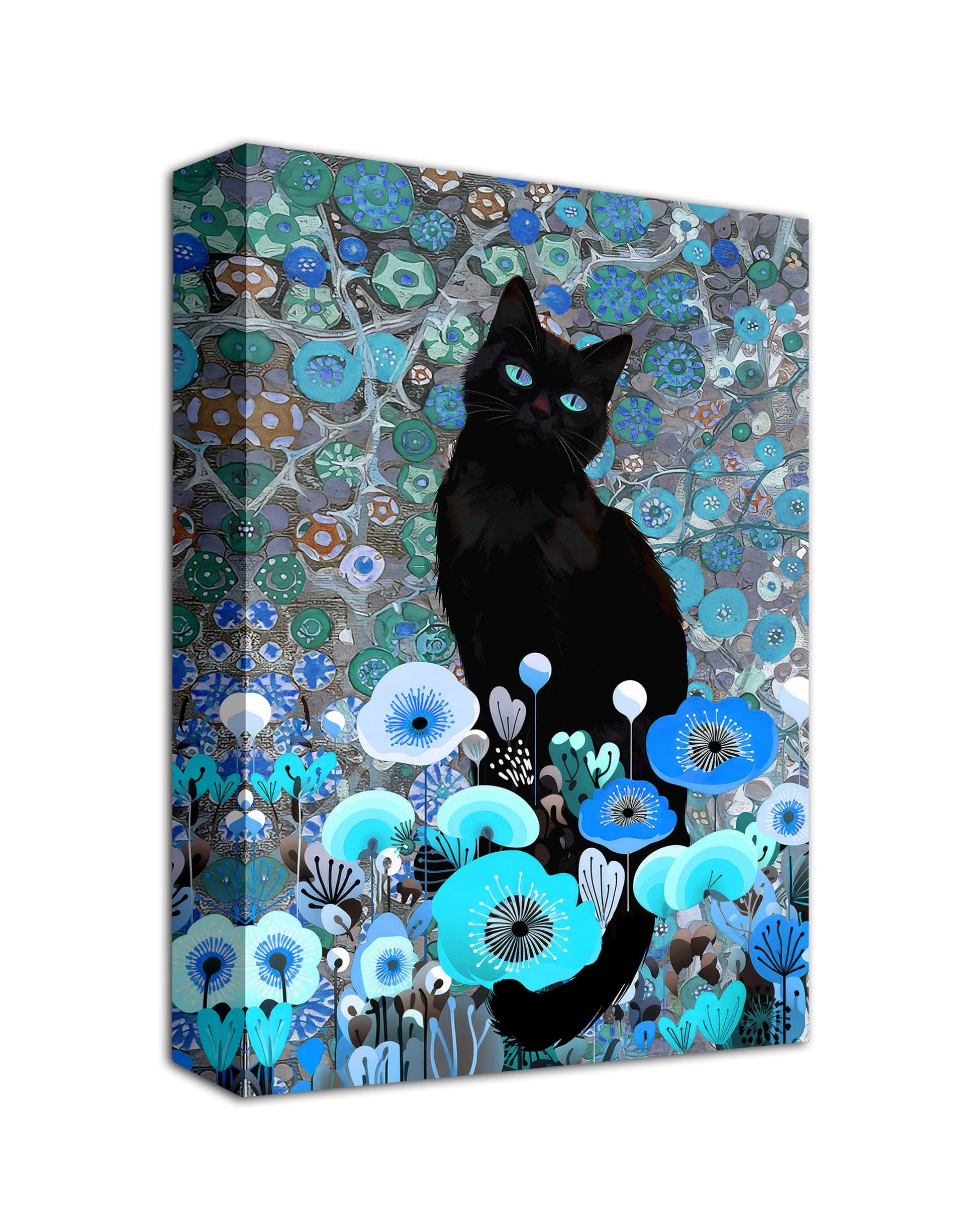 Klimt Style Black Cat Canvas Print, Blue Floral Garden Wall Art - image 3