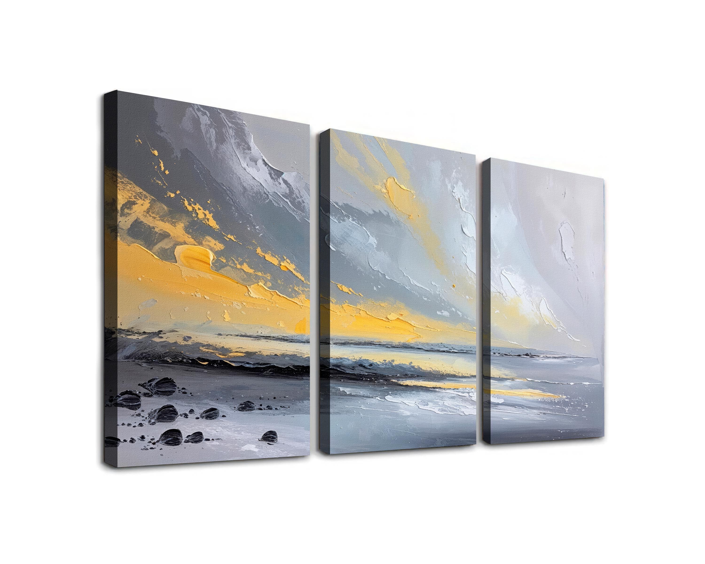Framed Abstract Beach Canvas Wall Art Set of 3, Gray and Yellow - image 3