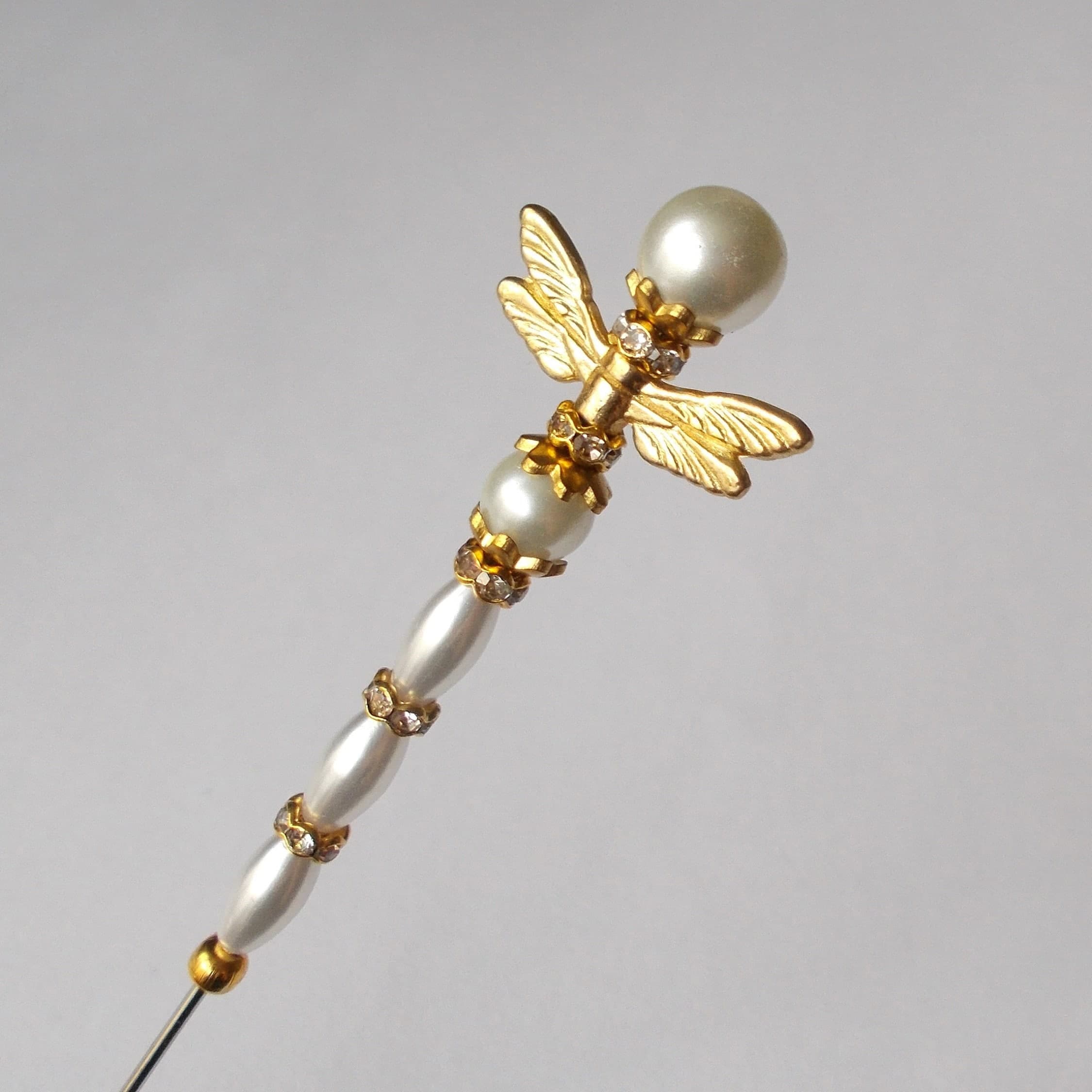 Handmade Faux Pearl Dragonfly Hatpin: 7 inch Veil Pin