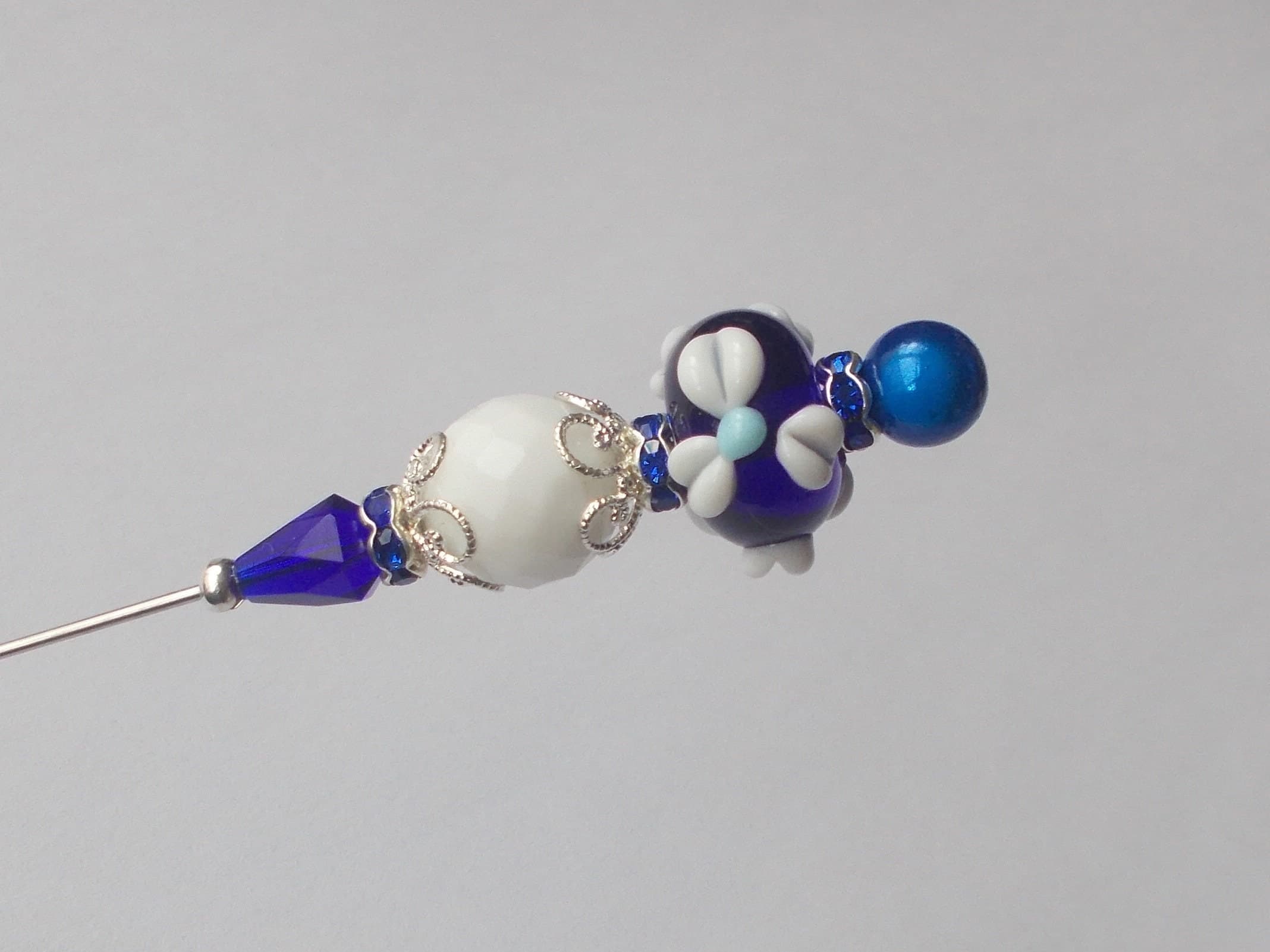 Handmade Cobalt Blue Glass Bead Hatpin - Silver Tone - 7.25 Inch - image 4