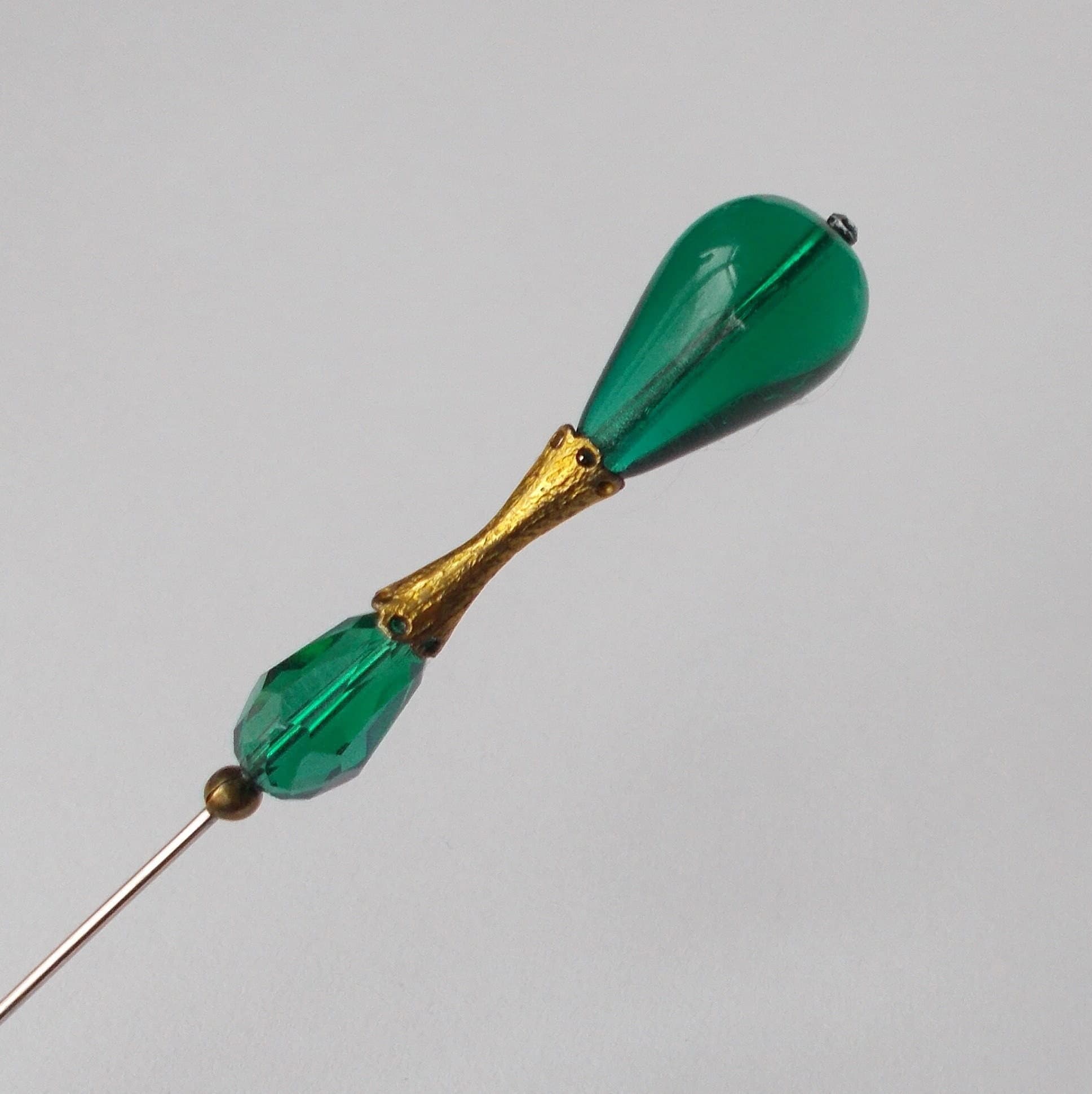 Emerald Green Glass Bead Hatpin: Vintage Brass Finding, Handmade - image 5