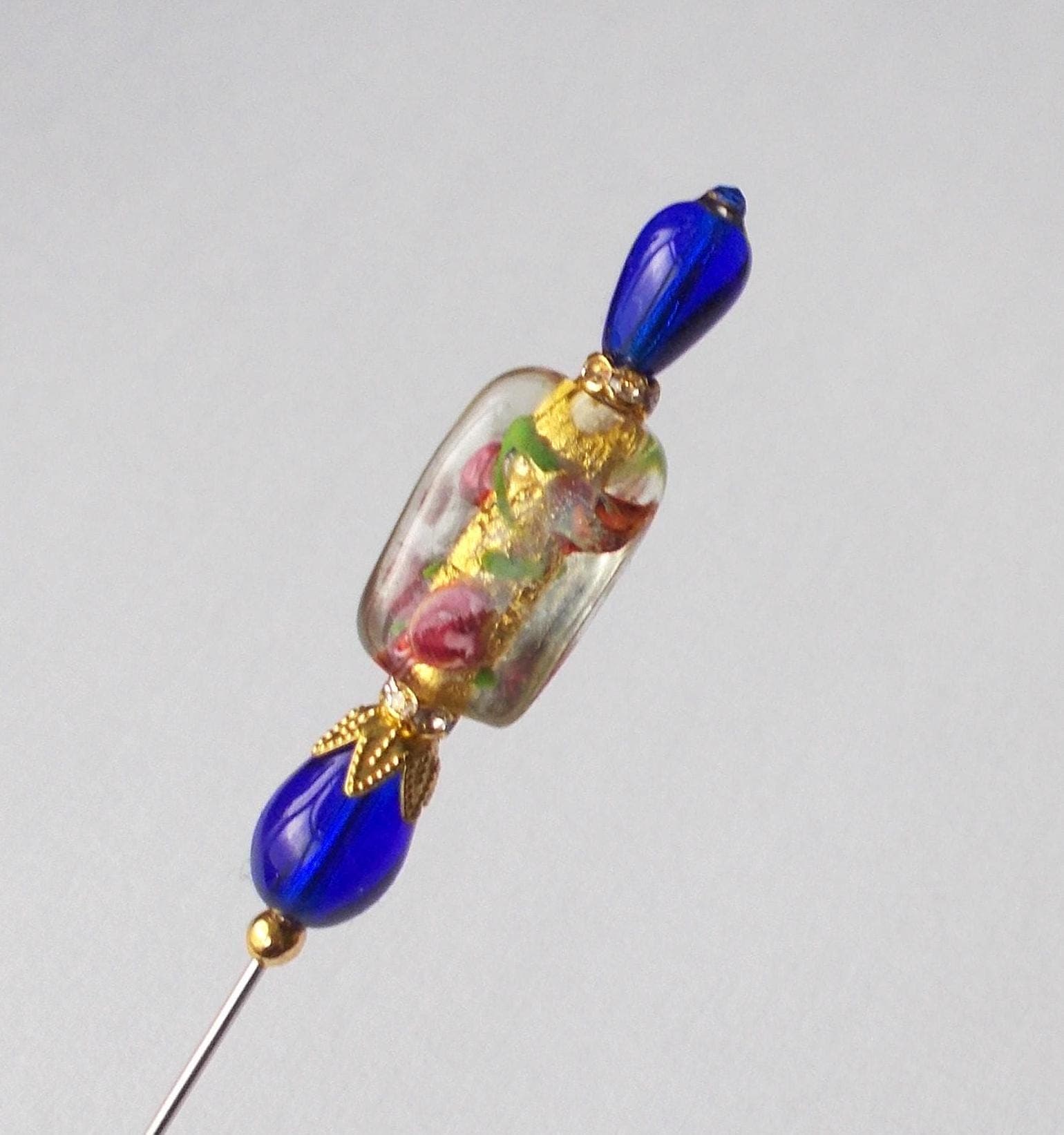 Handmade Gold Foil Floral Glass Hatpin - Cobalt Blue Accent - image 3