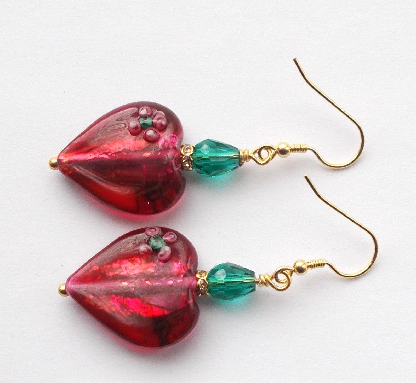 Earrings - Vintage Handmade Red Foil Red Glass Heart Bead Drop Earrings