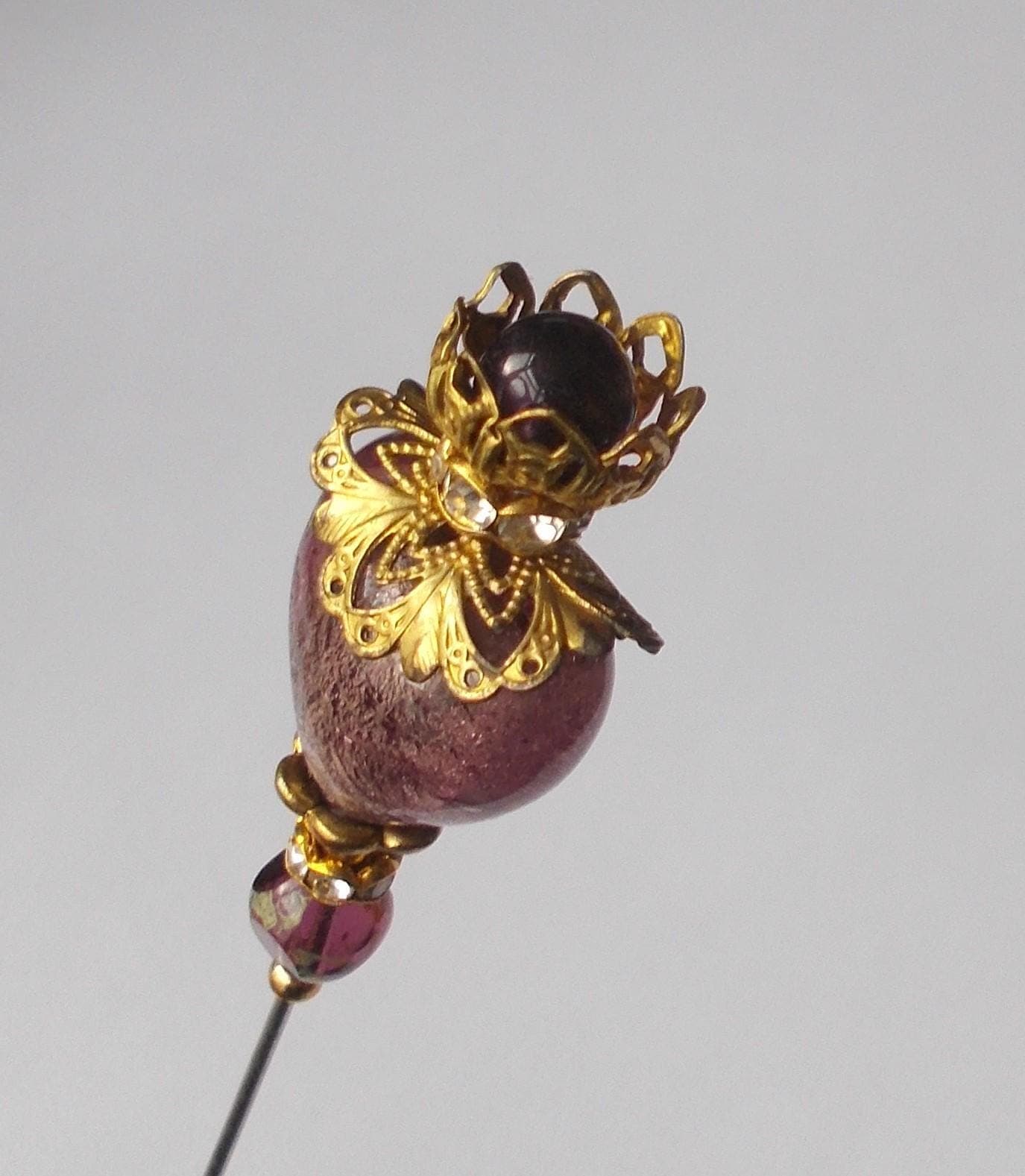 Hatpin - Amethyst Glass Heart Hatpin: 1.2mm Diameter Steel Pin, 6.5 Inches Long - image 3