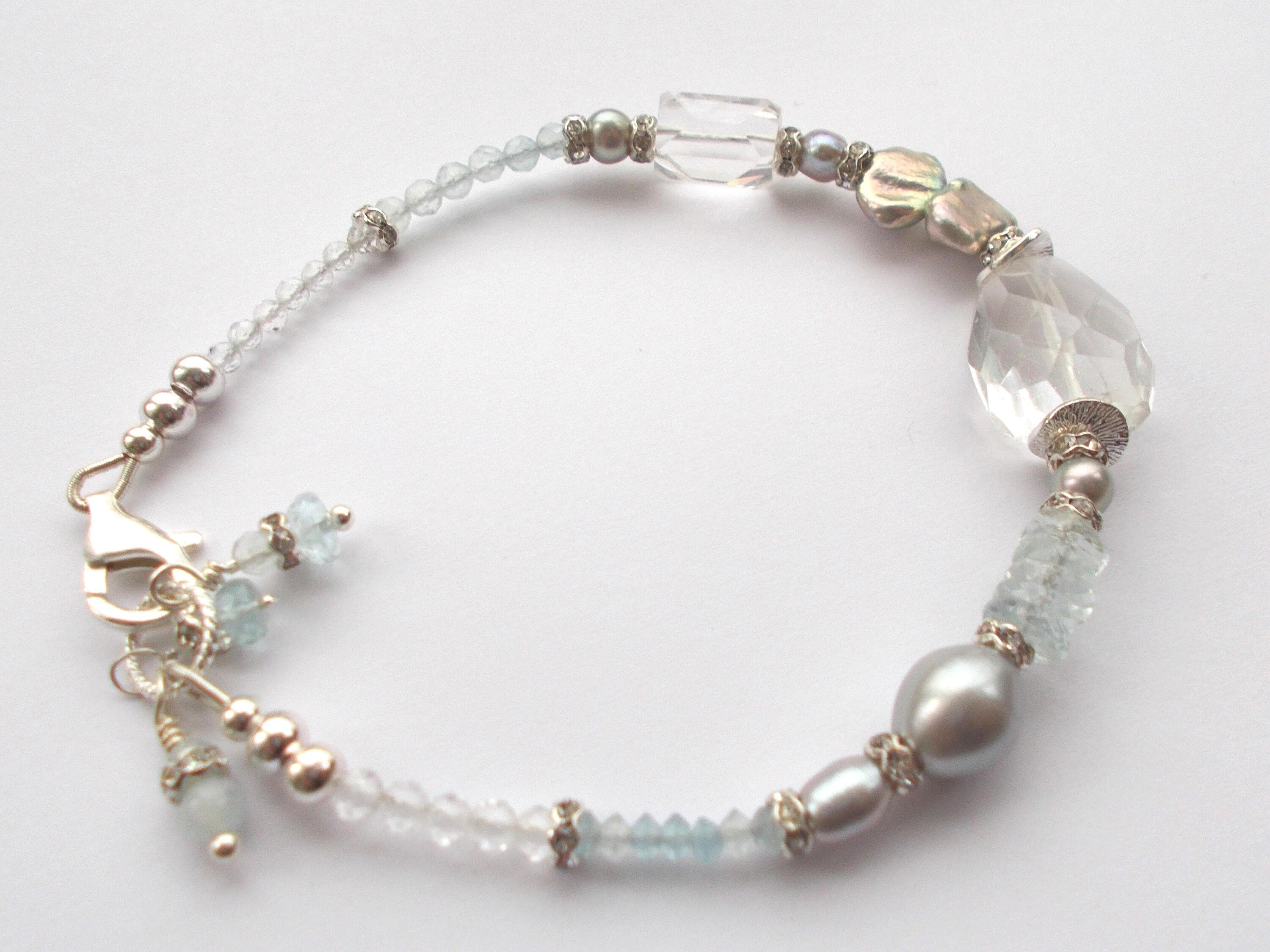 Aquamarine & Rock Crystal Bracelet: Sterling Silver Pearl Gemstone Jewelry - image 3
