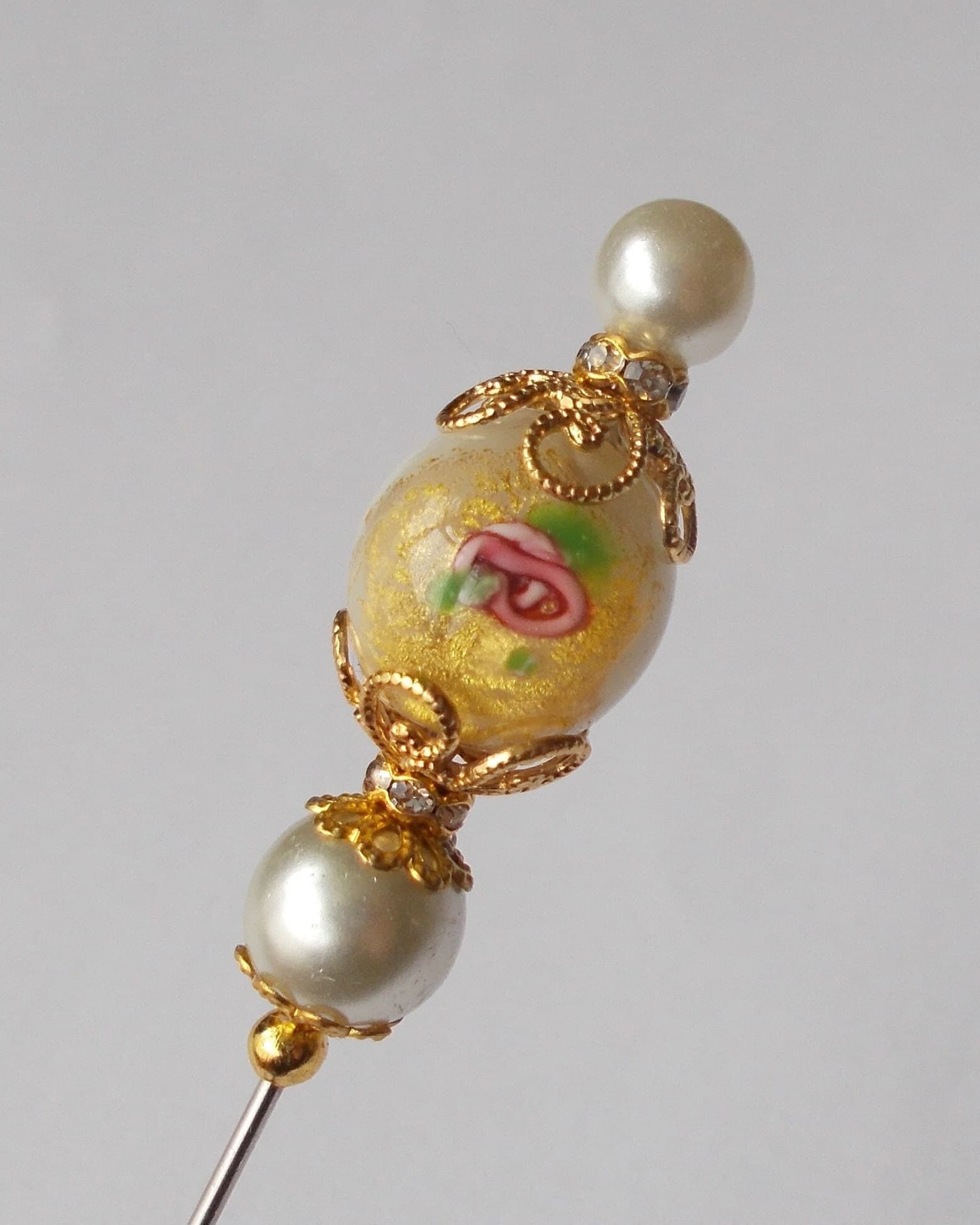 Handmade Faux Pearl Hatpin: Vintage Gold Foil Glass Bead Decoration