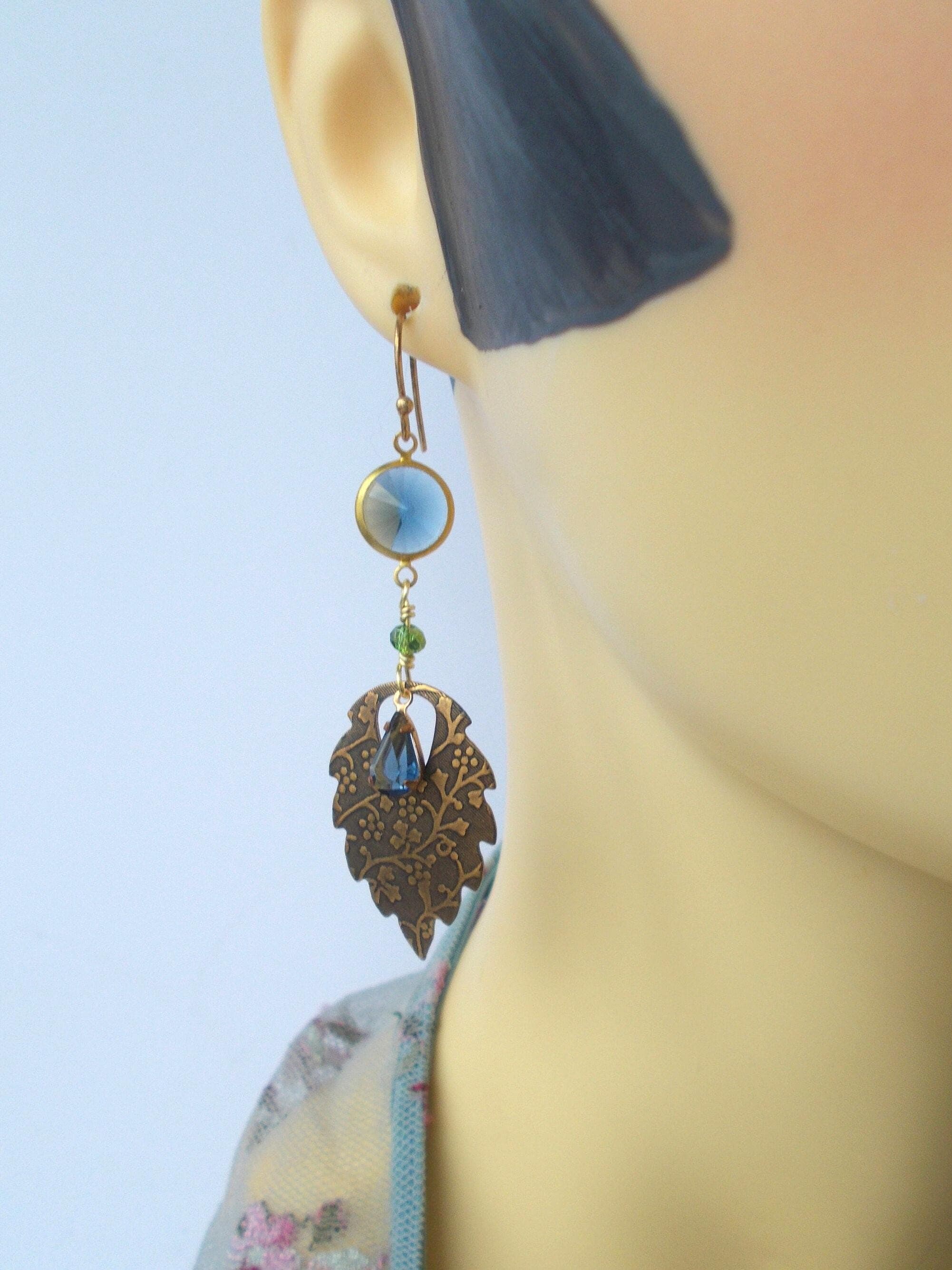 Art Deco Brass Leaf Earrings: Blue Glass Rhinestone, Handmade - image 3