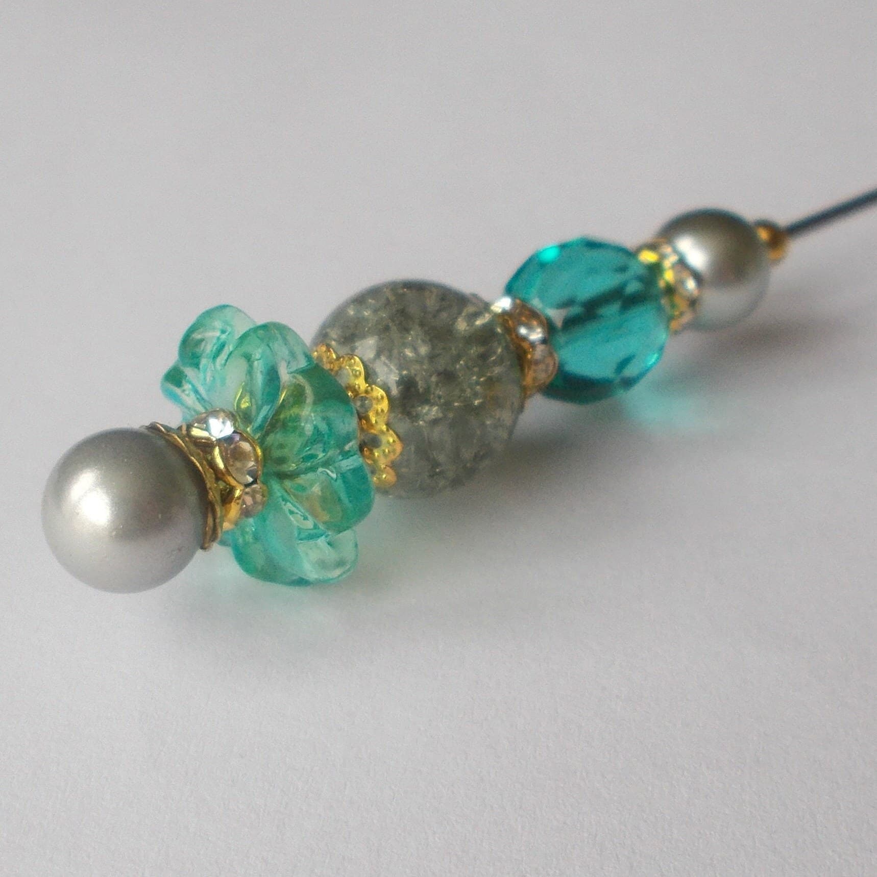 Handmade Hatpin: Grey Faux Pearl & Green Glass Bead, Gold Tone - 7.25" - image 3