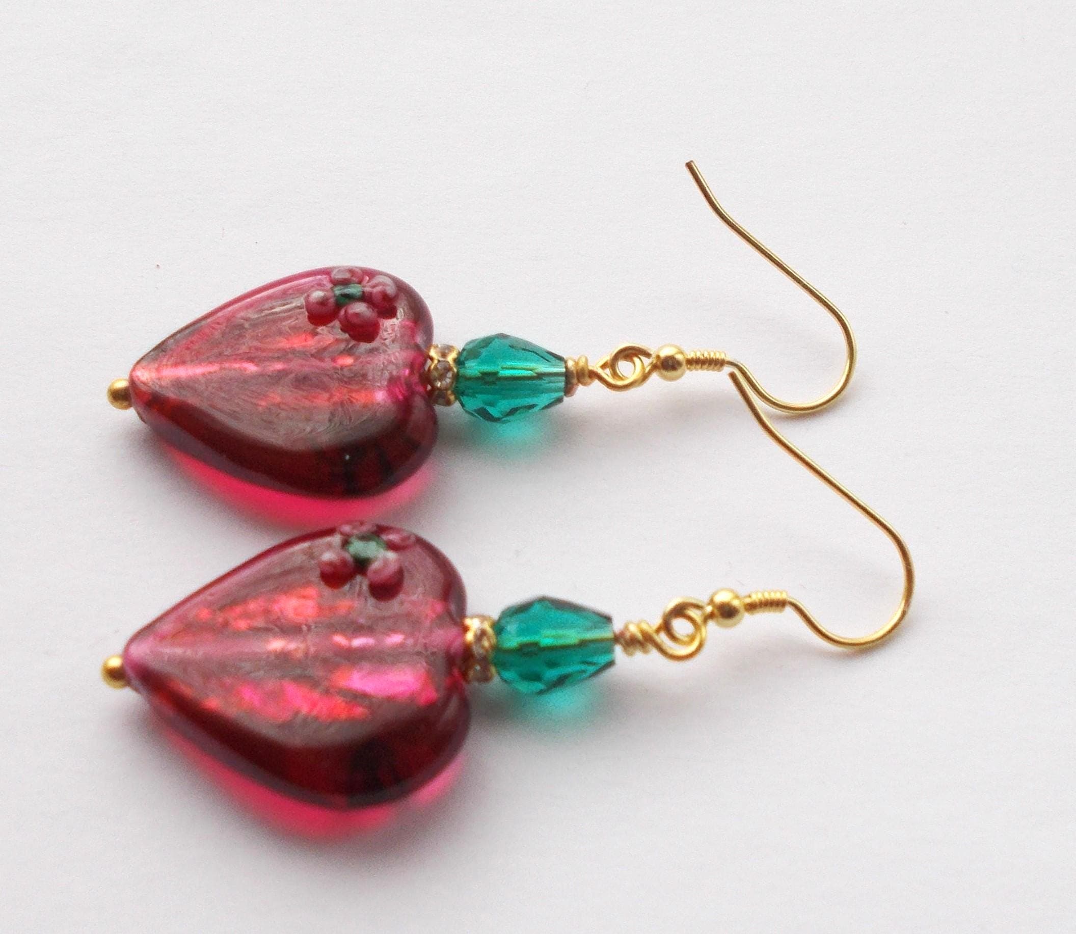 Earrings - Vintage Handmade Red Foil Red Glass Heart Bead Drop Earrings - image 3