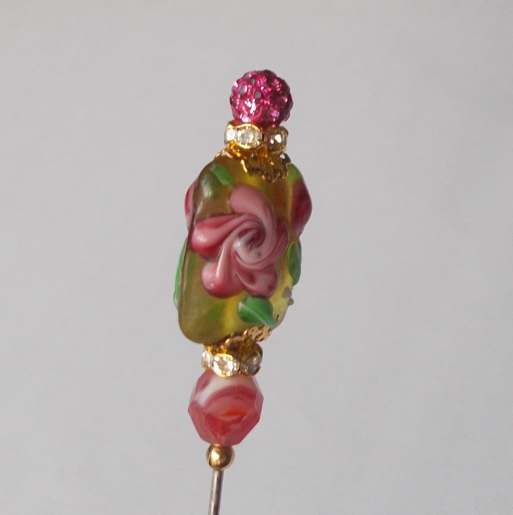 Handmade Floral Glass Bead Hatpin - Pink & Yellow - 6 Inch - image 5