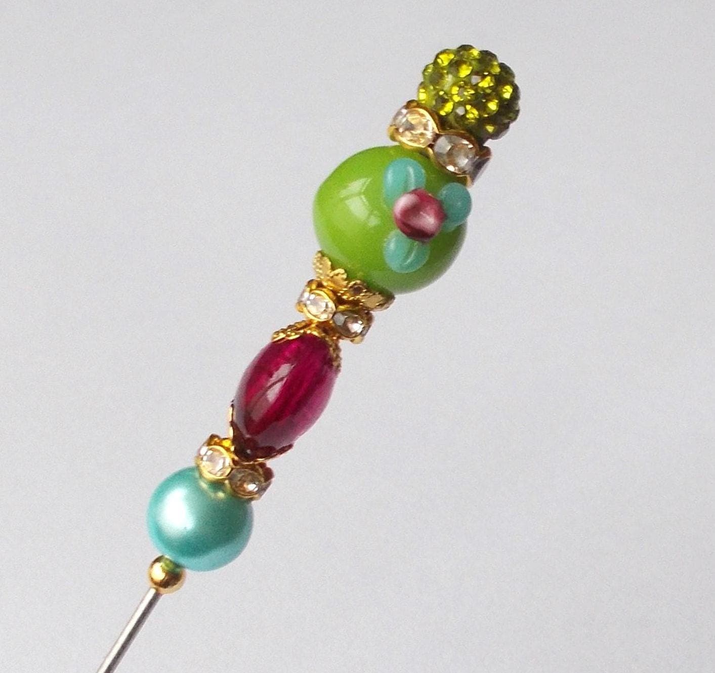 Handmade Glass Bead Hatpin: Green, Fuchsia, and Gold (6.25 inch) - image 5