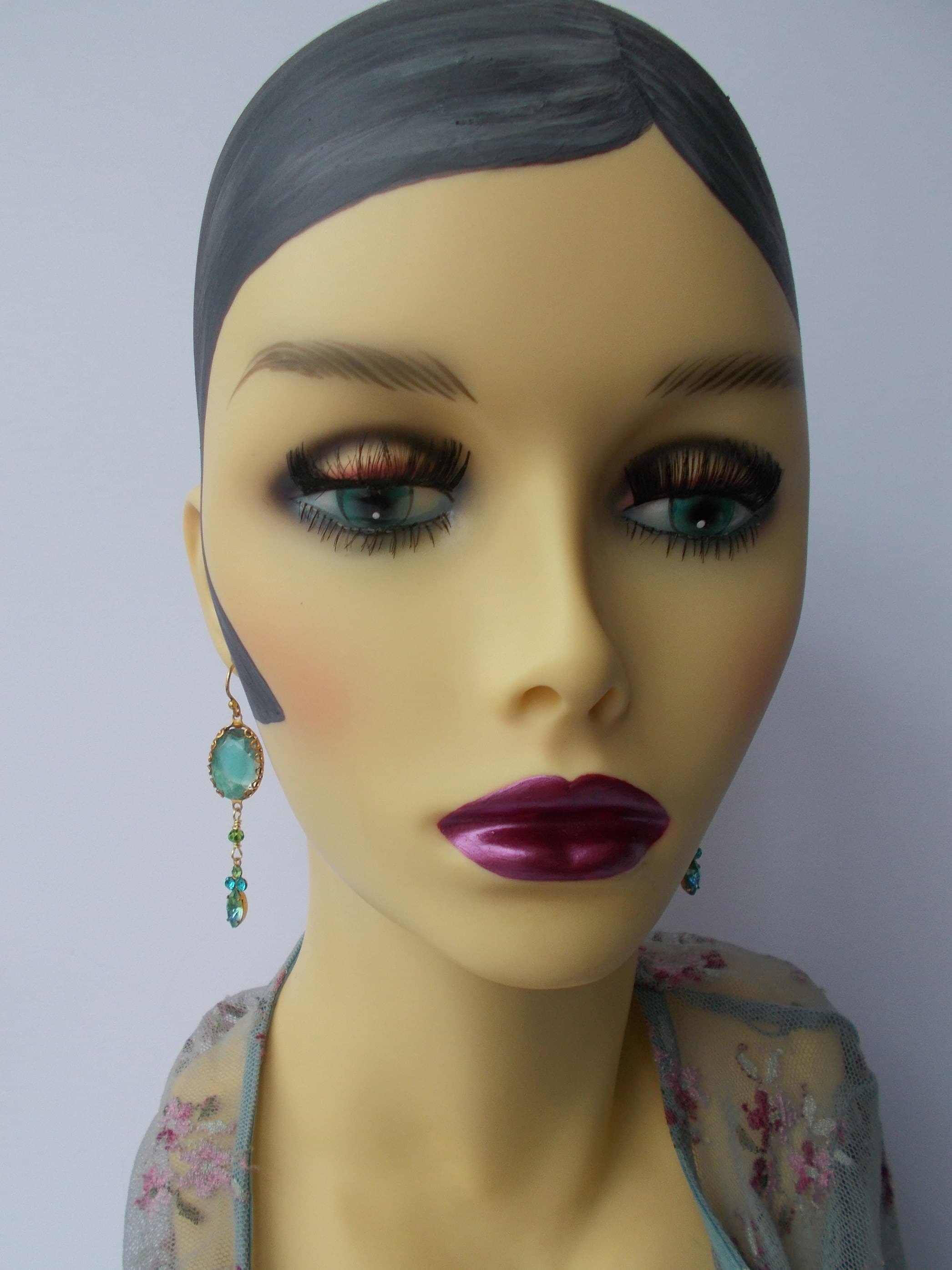 Vintage Aqua Givre Rhinestone Earrings: Gold Vermeil Ear Hooks - image 5