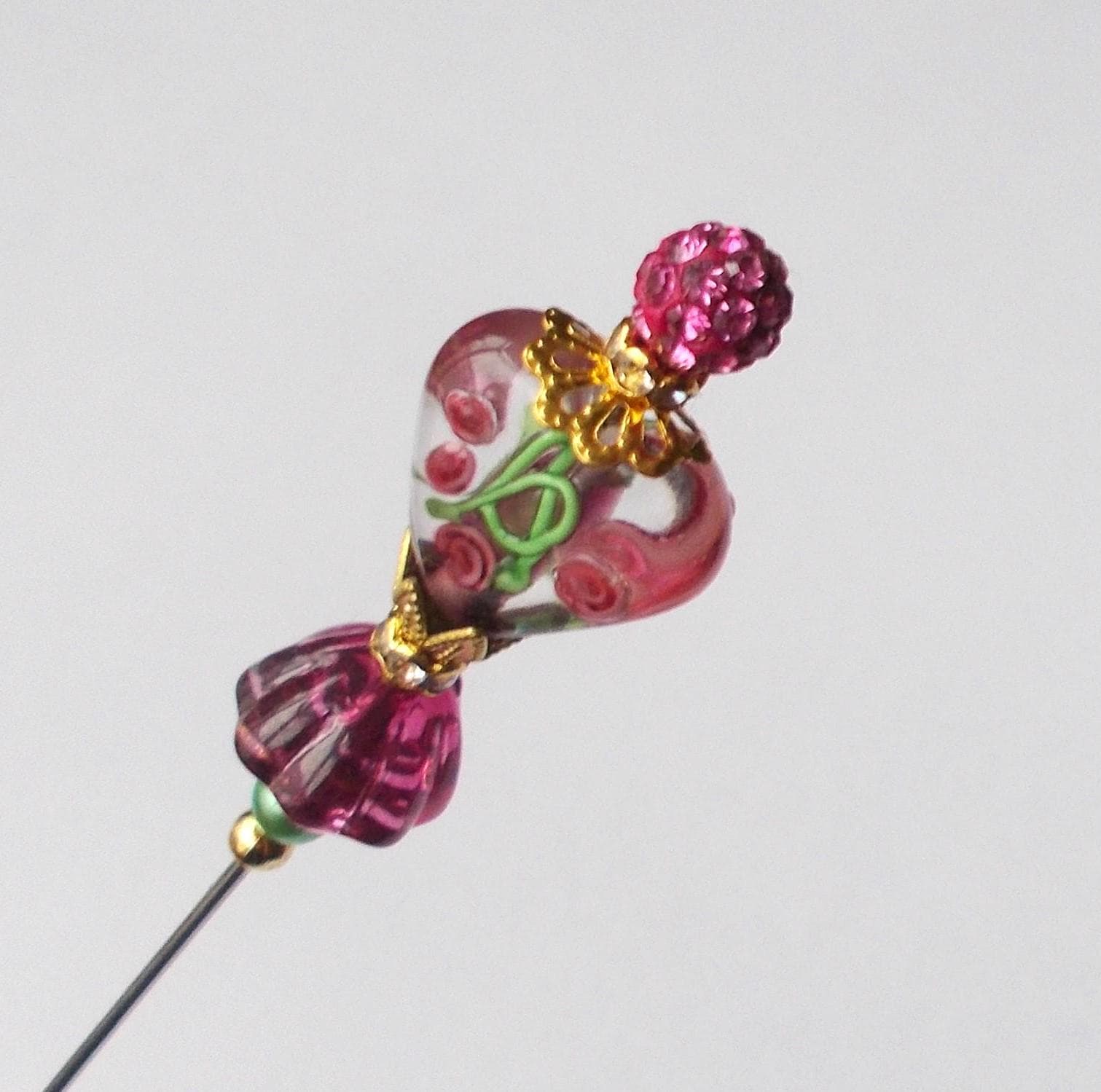Floral Glass Heart Hatpin: Pink, Green & Gold Handmade Accessory - image 5