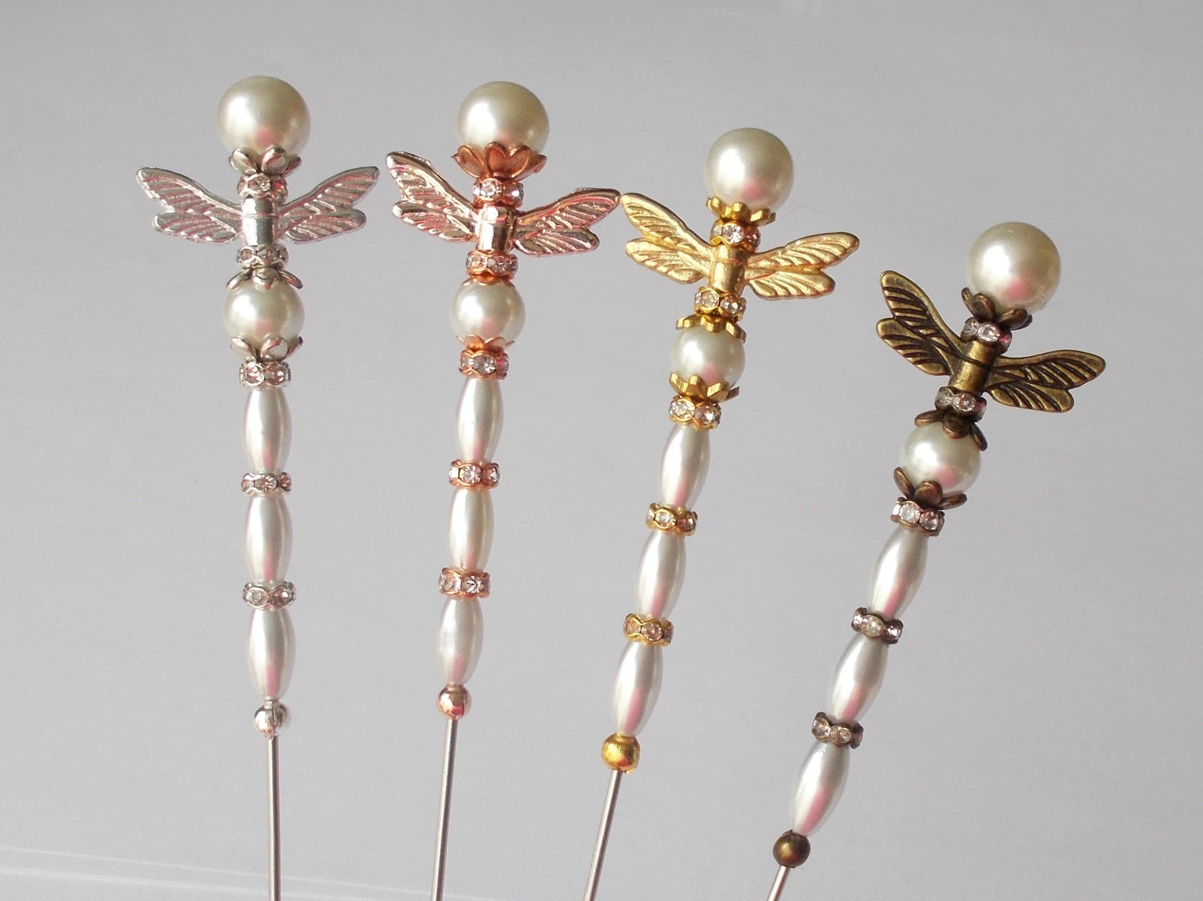 Handmade Faux Pearl Dragonfly Hatpin: Rhinestone Rondelles, Steel Pin