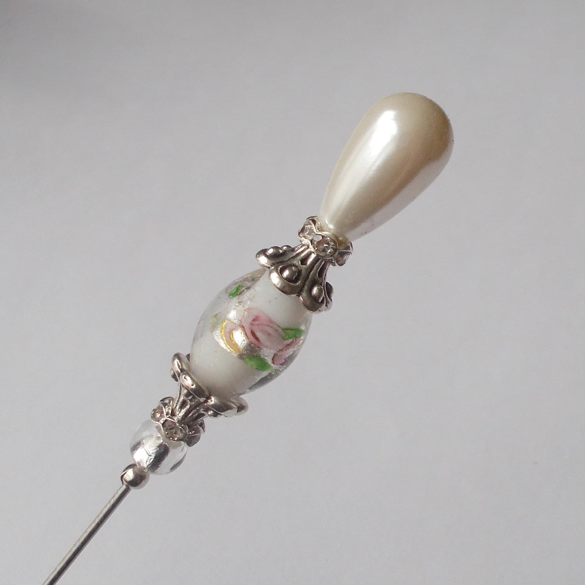Handmade Faux Pearl Hatpin: White Glass Bead, Silver Tone, 6.5 Inch - image 3