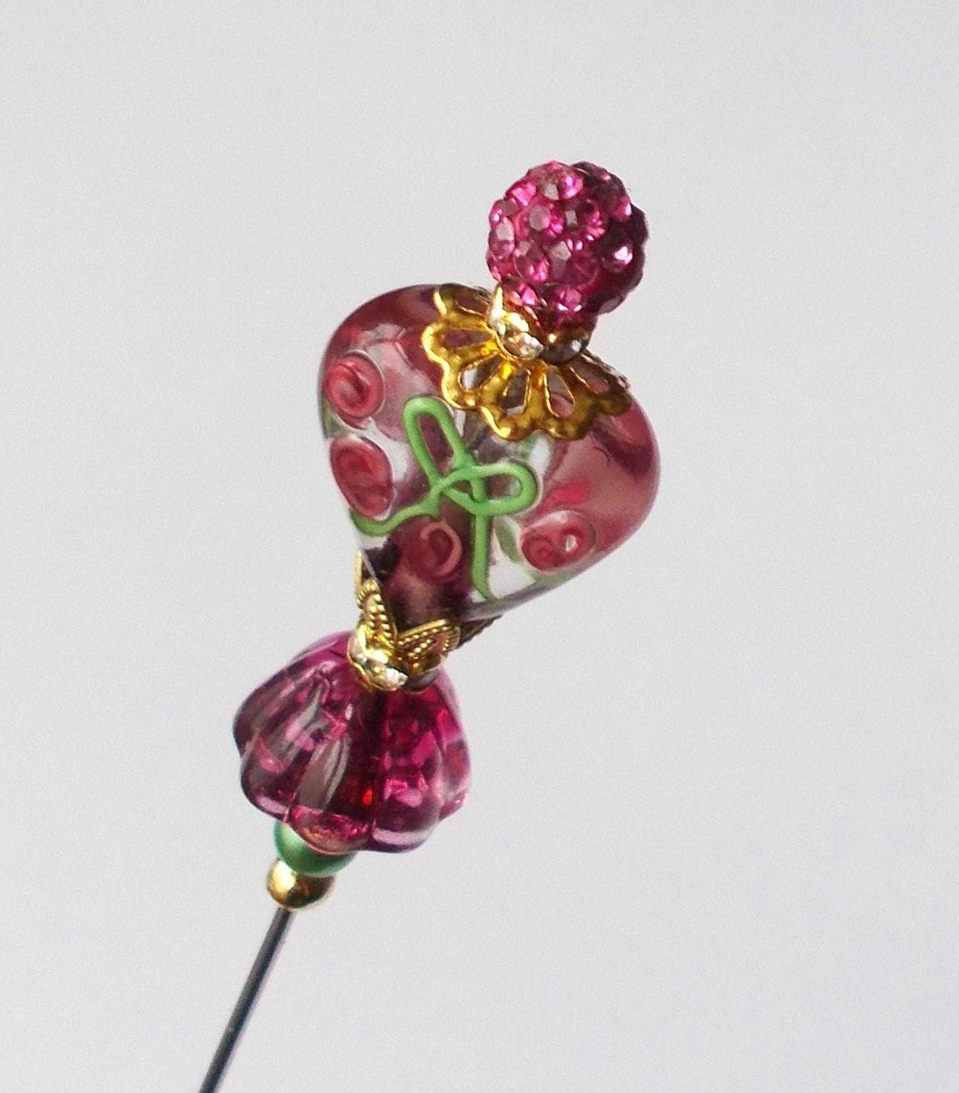 Floral Glass Heart Hatpin: Pink, Green & Gold Handmade Accessory - image 3
