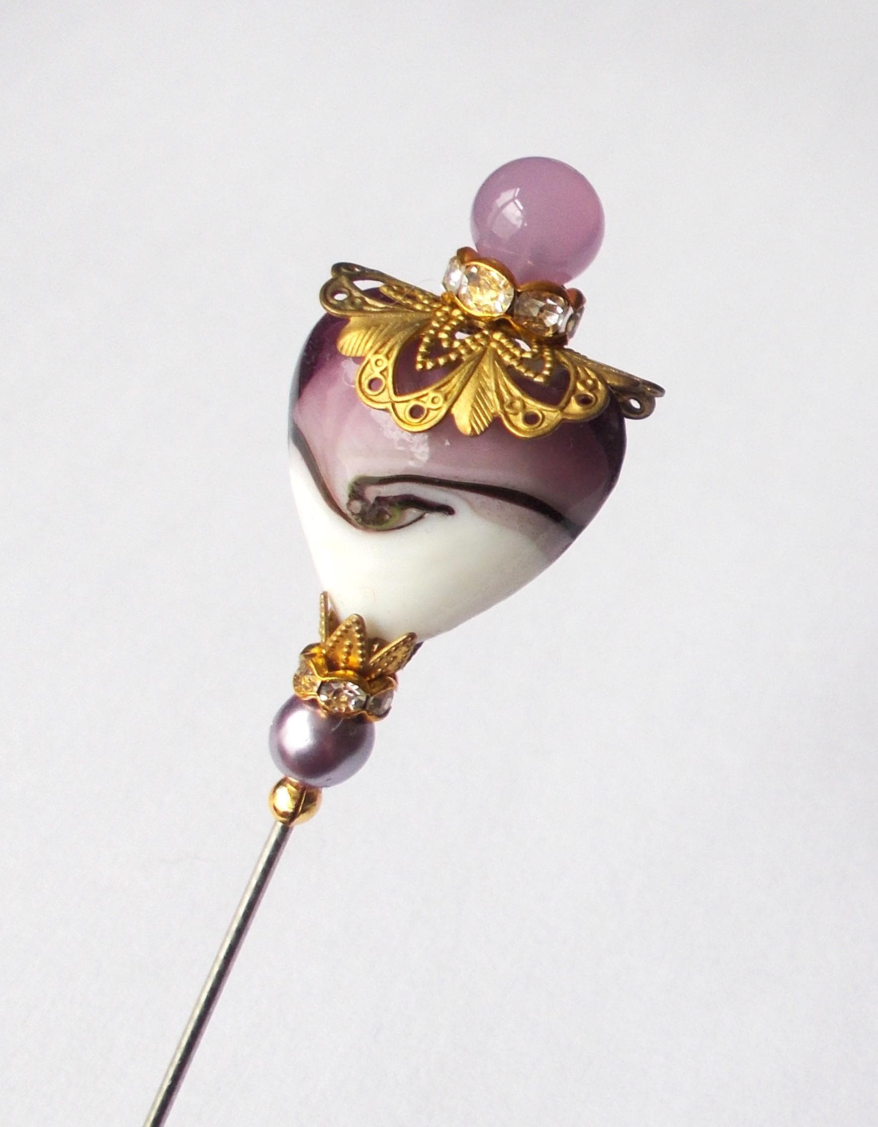Amethyst Heart Glass Hatpin: Vintage Brass & Rhinestone Accent