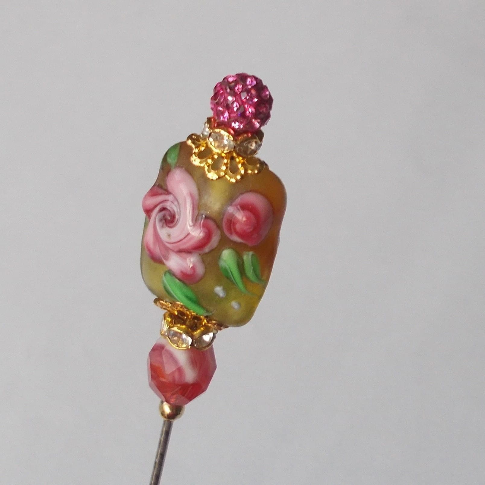 Handmade Floral Glass Bead Hatpin - Pink & Yellow - 6 Inch - image 4