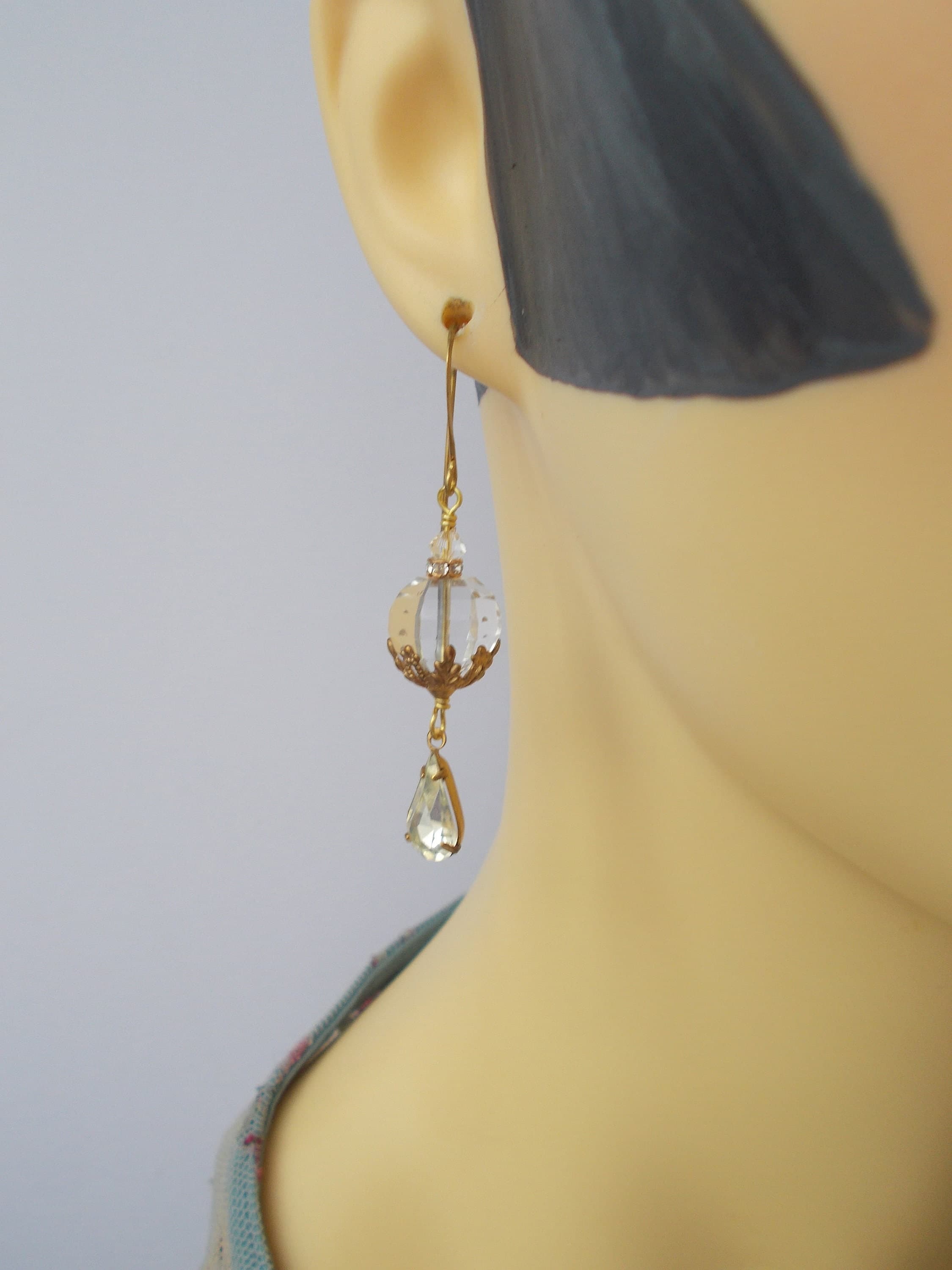 Vintage Crystal Rhinestone Earrings: Handmade Brass Floral Dangle - image 3