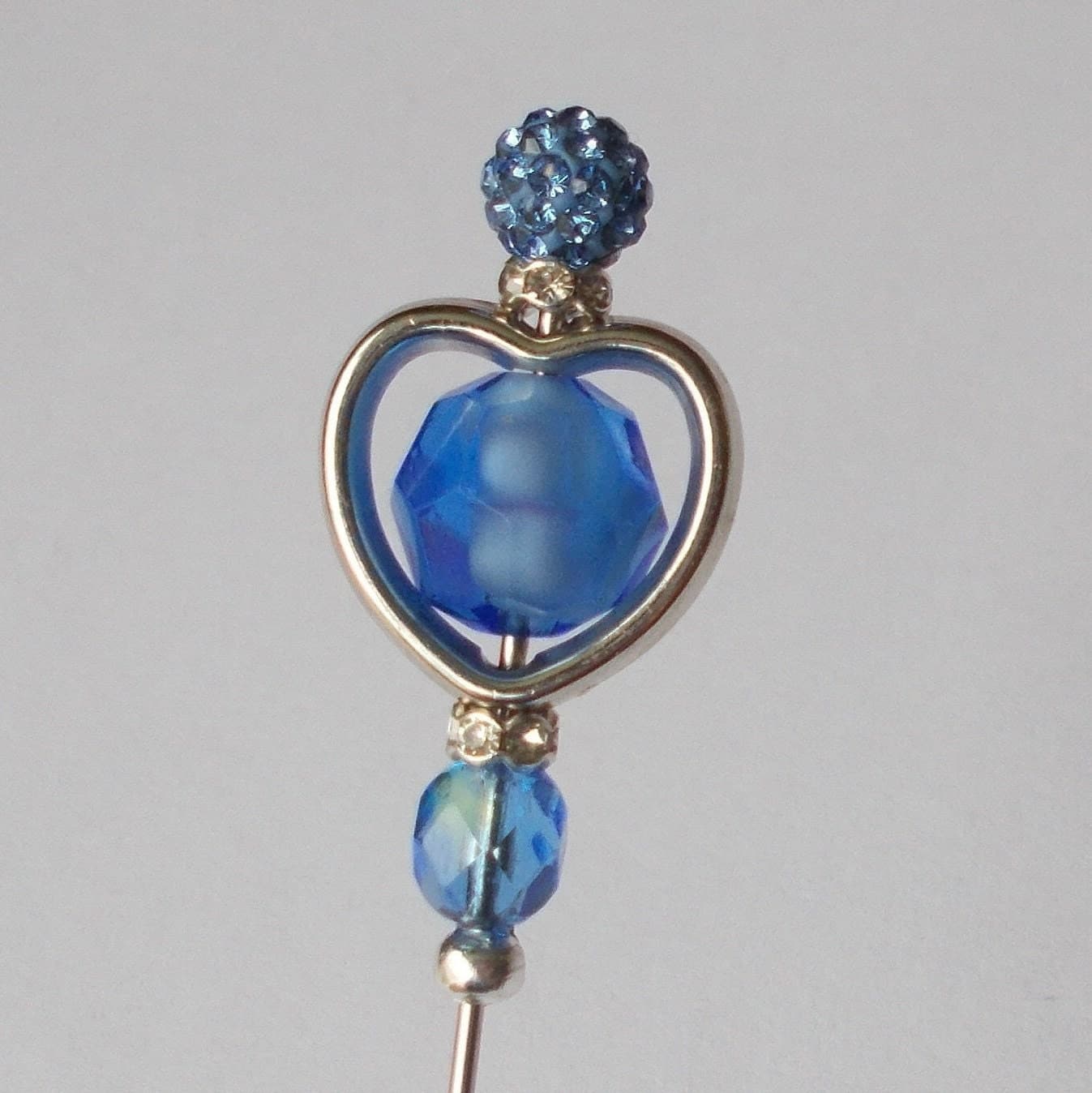 Handmade Silver Heart Hatpin: Blue Glass Bead Accent - image 3