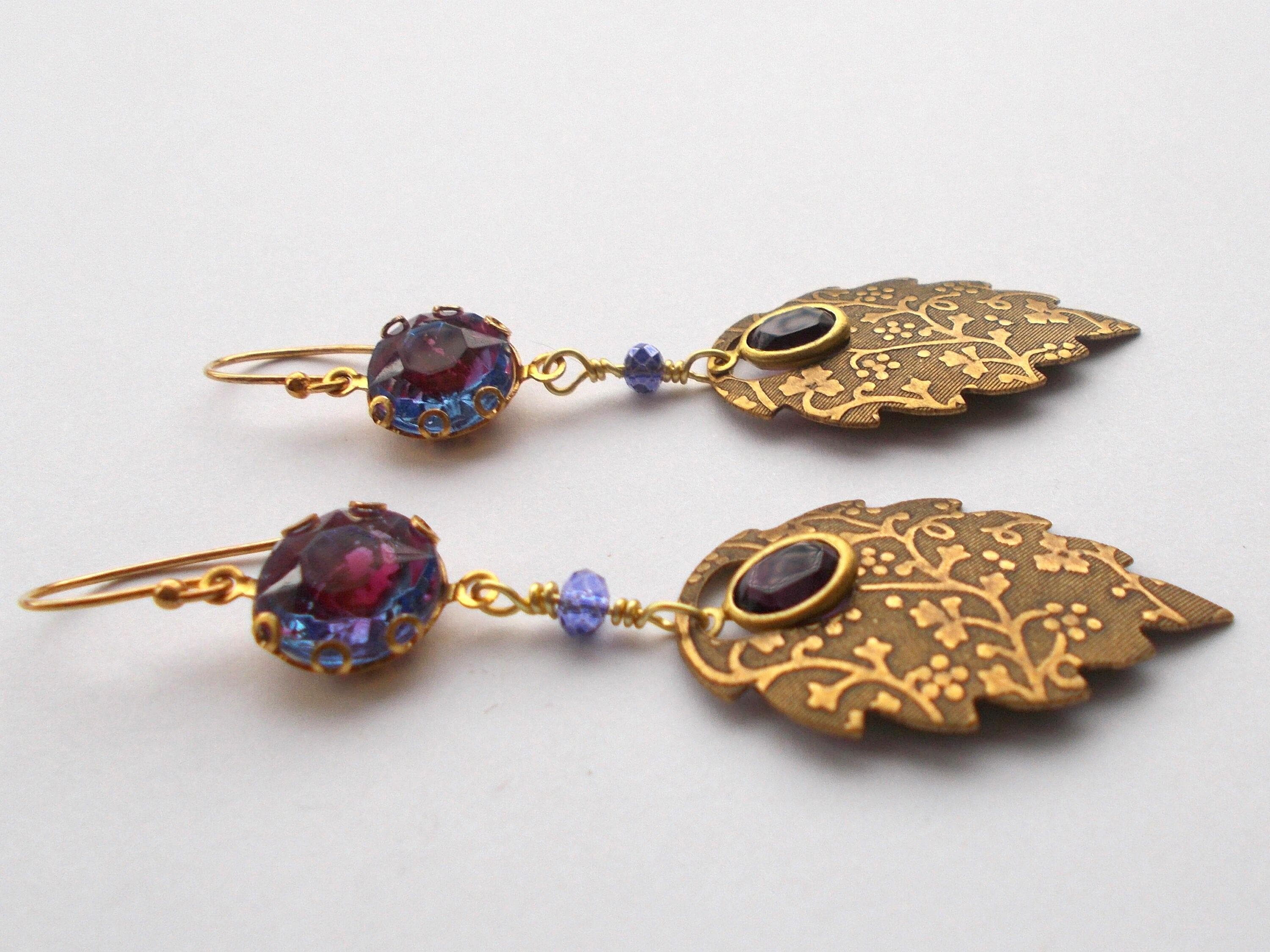 Art Deco Purple Glass Earrings: Handmade Brass Leaf Dangle Earrings - image 3
