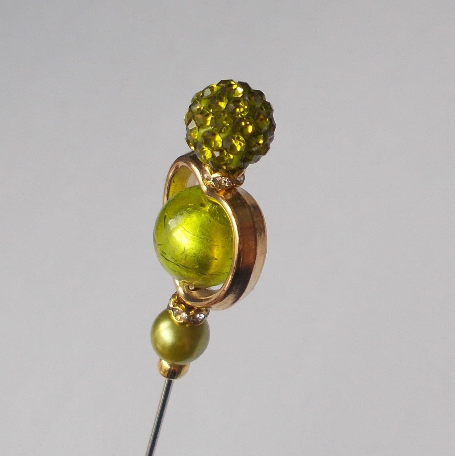 Handmade Green Glass Bead Hatpin: Gold Heart Steel Pin (5 inch) - image 4