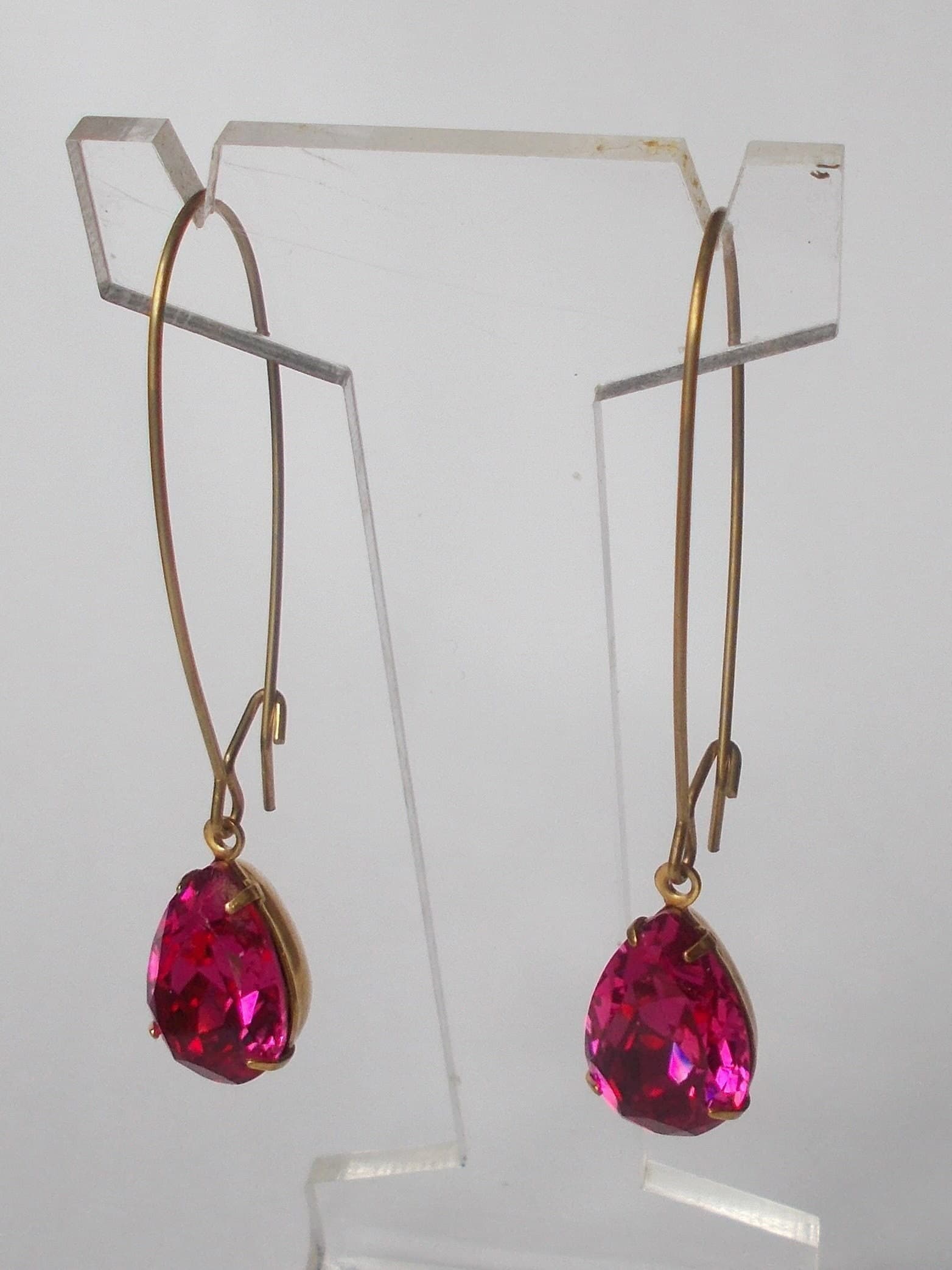 Earrings - Vintage Fuchsia Pink Rhinestone Glass Earrings with Long Brass Ear Hooks - Gift for Her
