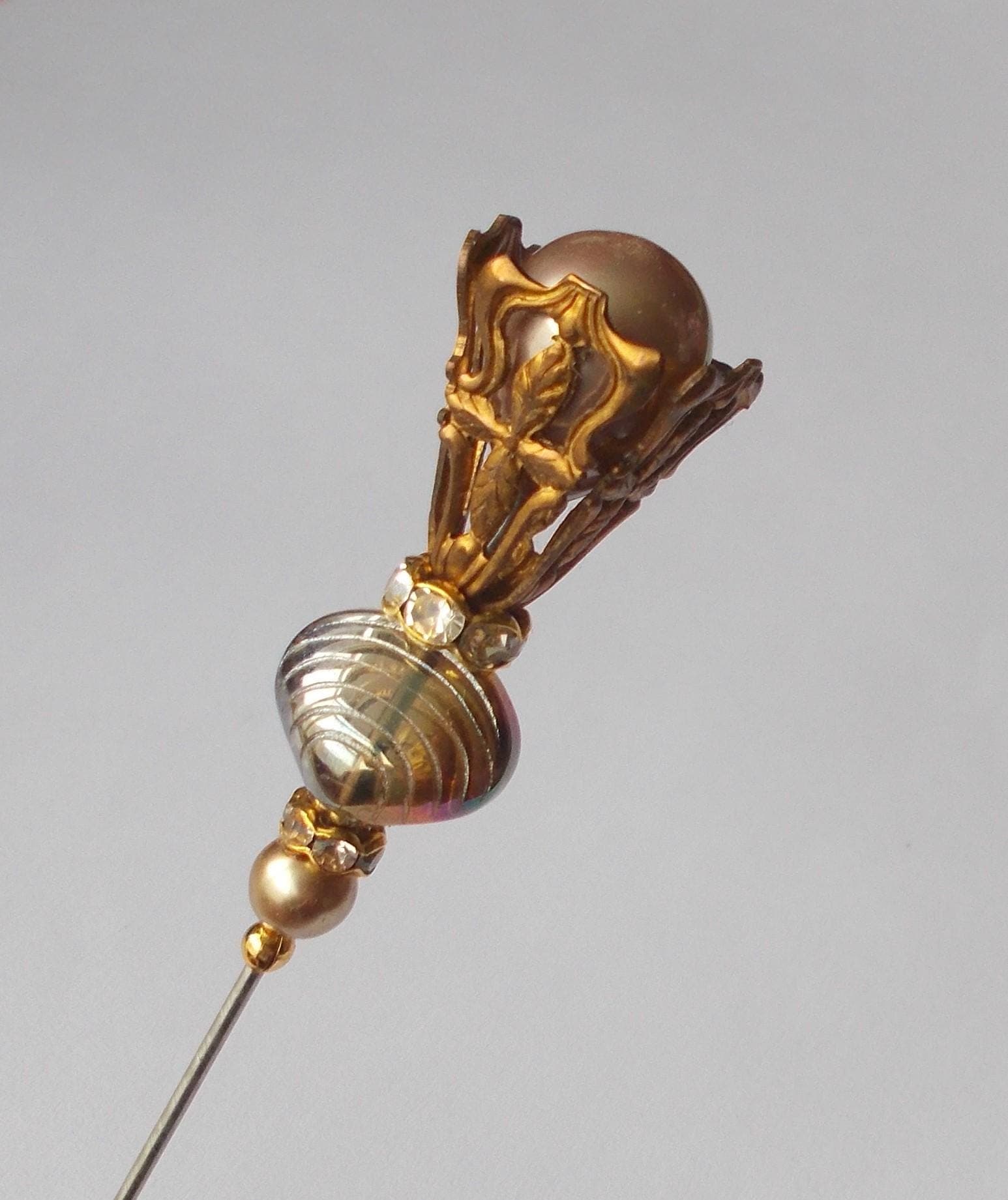 Hatpin - Handmade Champagne Pearl and Glass Bead Hatpin: Antique Gold Filigree findings, 1.2mm Diameter Steel Pin, 5.5 Inches Long. - image 4