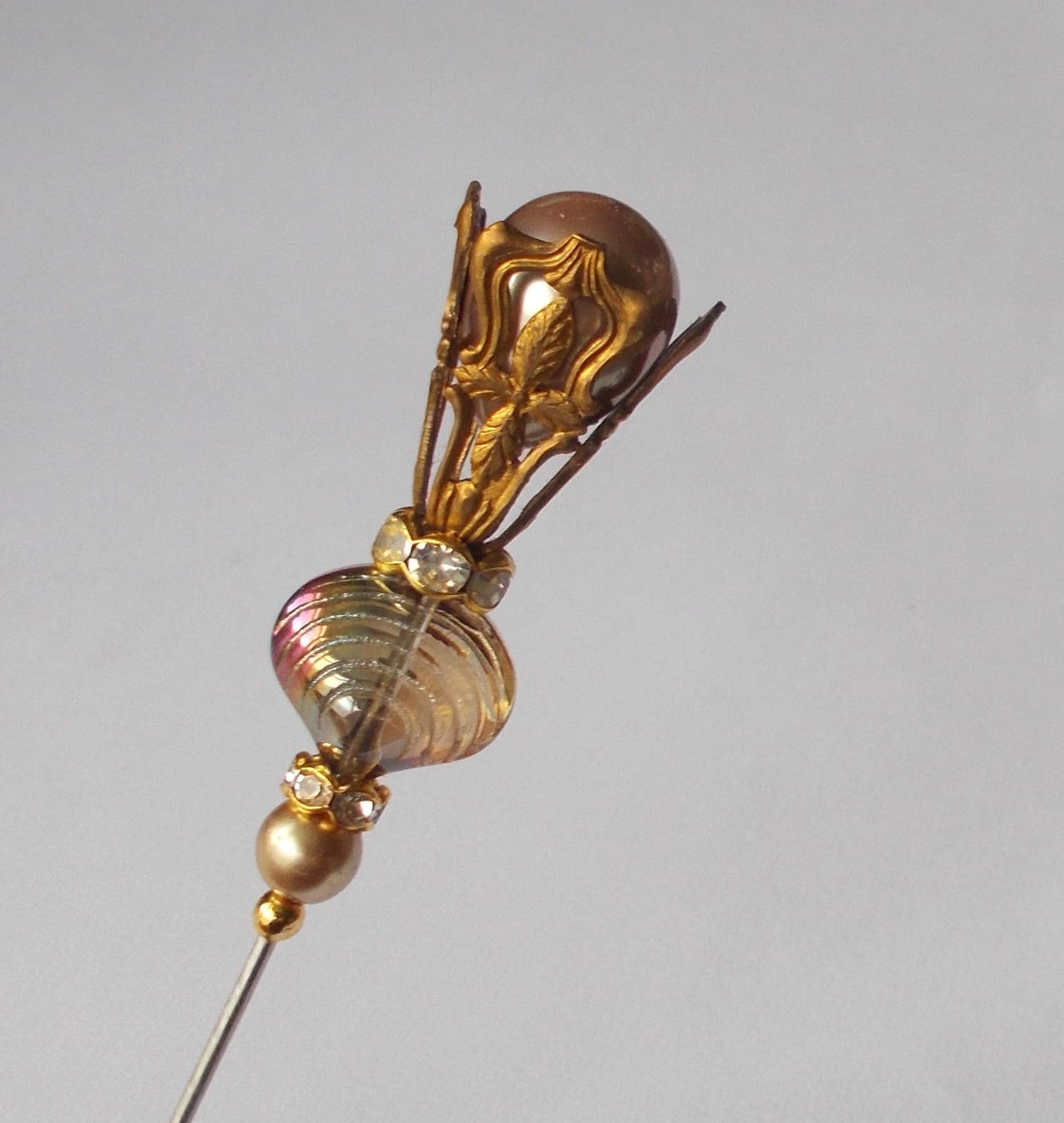 Hatpin - Handmade Champagne Pearl and Glass Bead Hatpin: Antique Gold Filigree findings, 1.2mm Diameter Steel Pin, 5.5 Inches Long. - image 3