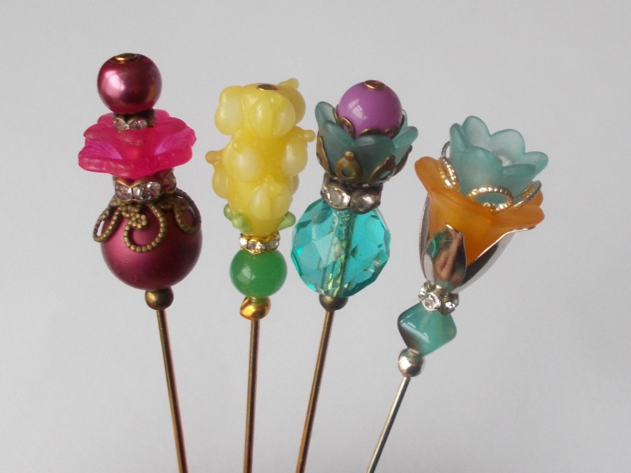 Handmade Beaded Hat Pins: Faux Pearl, Glass, Lucite - Set of 4