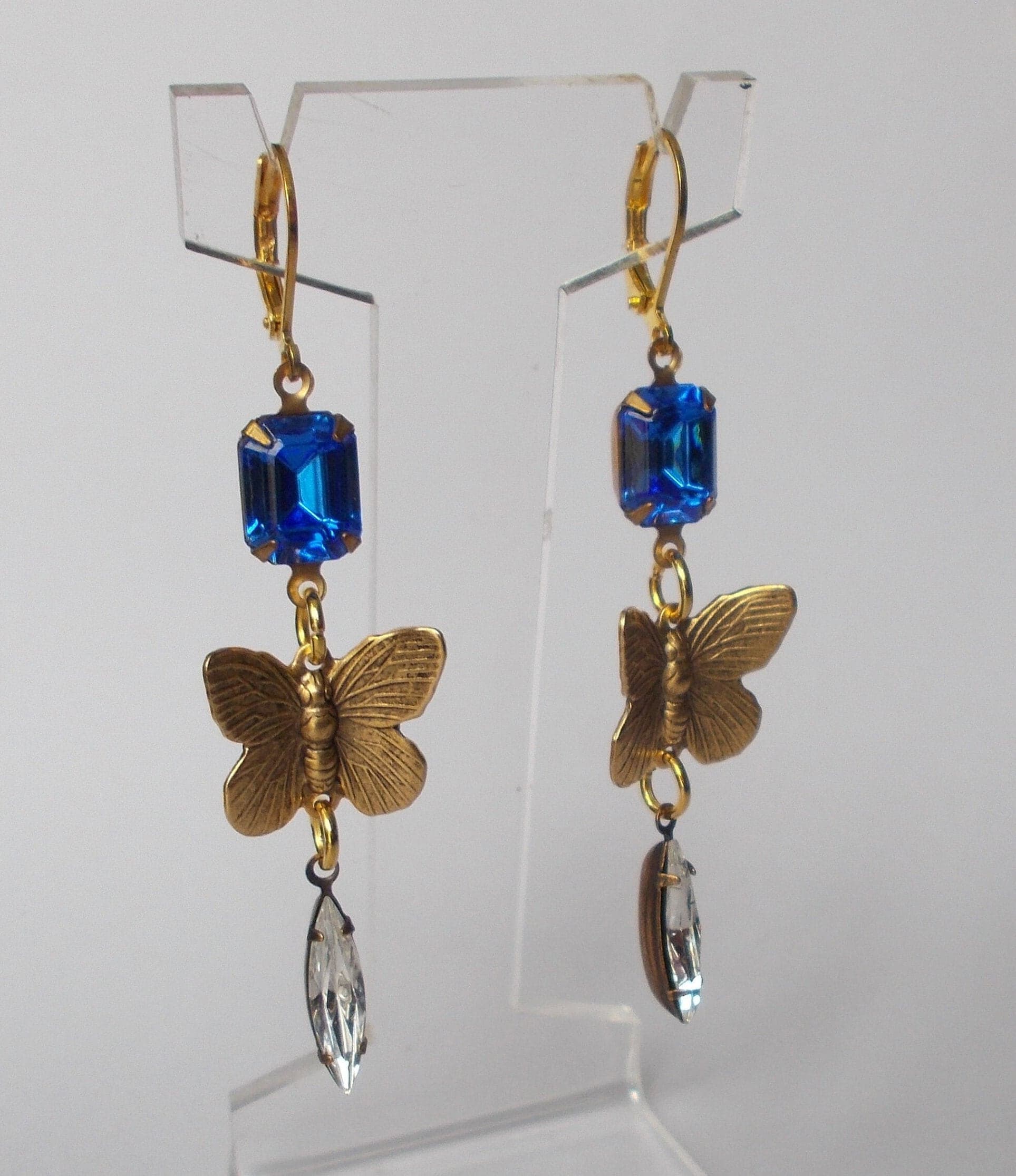 Earrings - Pretty Vintage Blue and Clear Rhinestone Long Earrings, Vintage Brass Butterflies, Gold Coloured Lever Hooks. - image 5