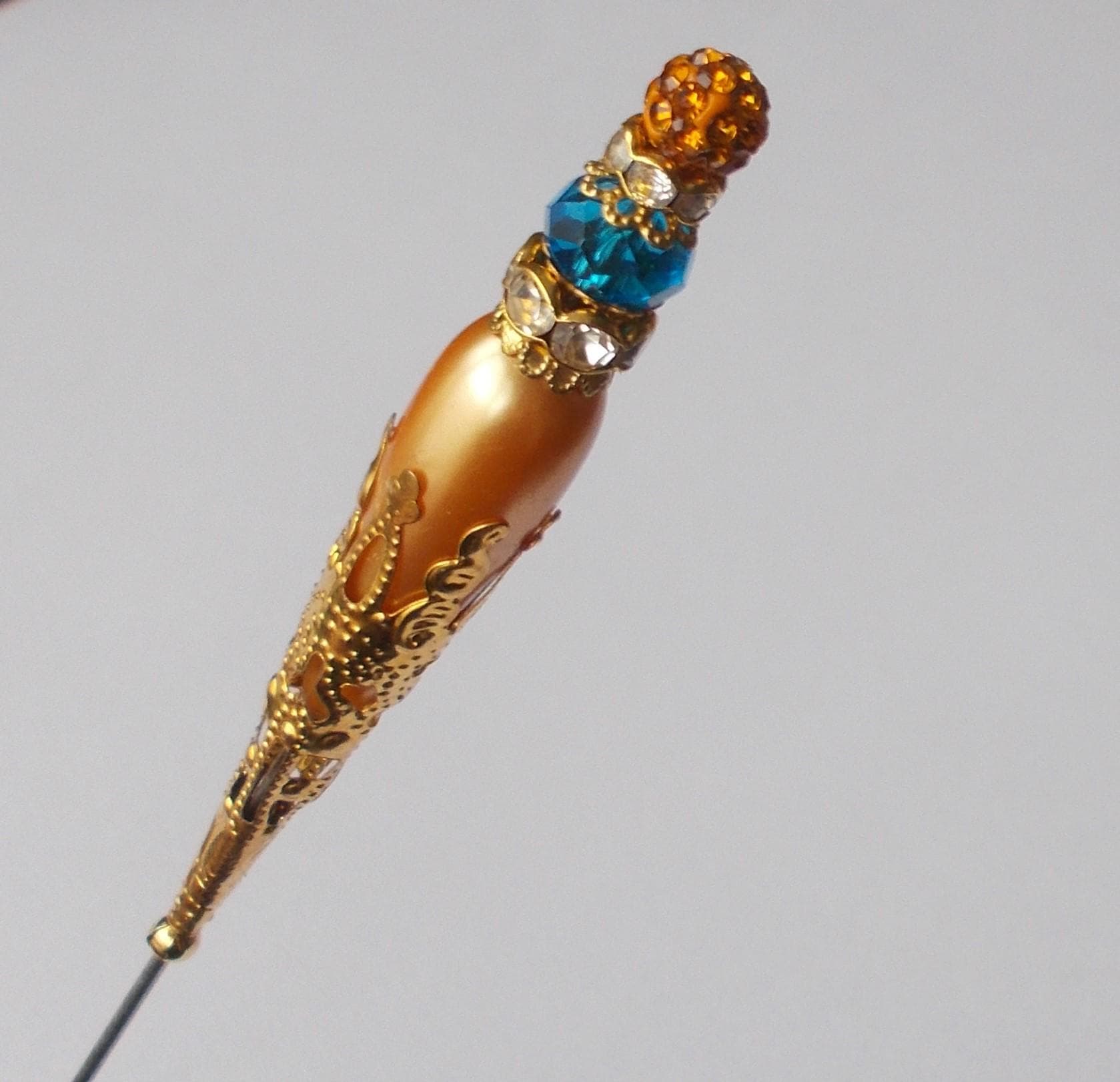 Hatpin - Orange Faux Pearl & Blue Glass Bead Handmade Hatpin, 1.2mm Diameter Steel Pin, 6.25 Inches Long. - image 5