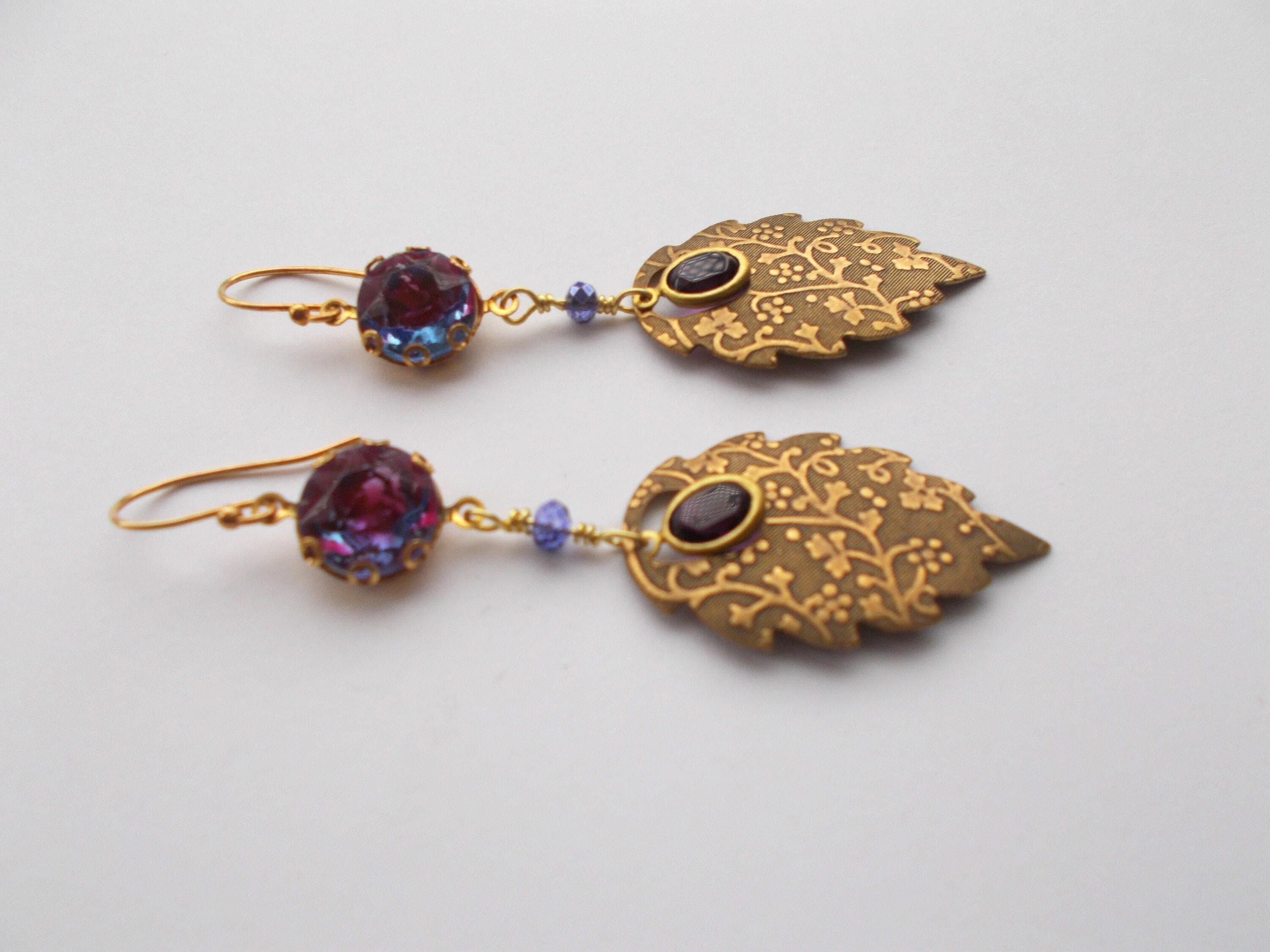 Art Deco Purple Glass Earrings: Handmade Brass Leaf Dangle Earrings - image 4